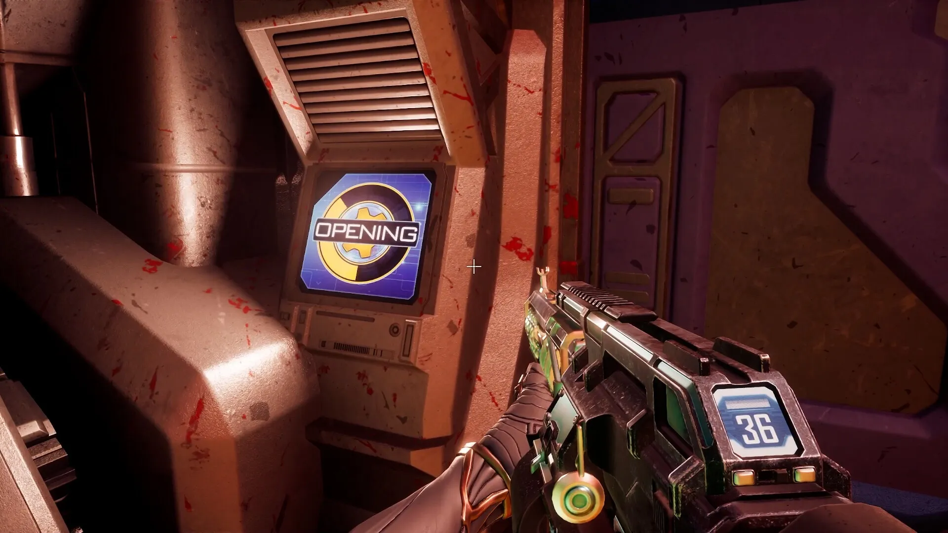 Deadzone: Player aiming at a terminal displaying "Opening" inside a dimly lit, metallic spaceship corridor.