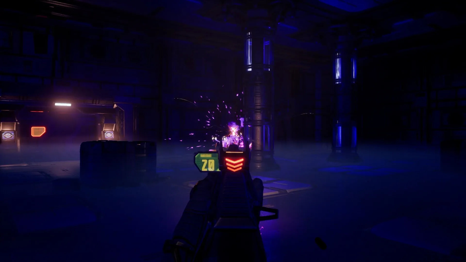 Deadzone: First-person shooting in dark space station with enemy hit markers and ammo count visible