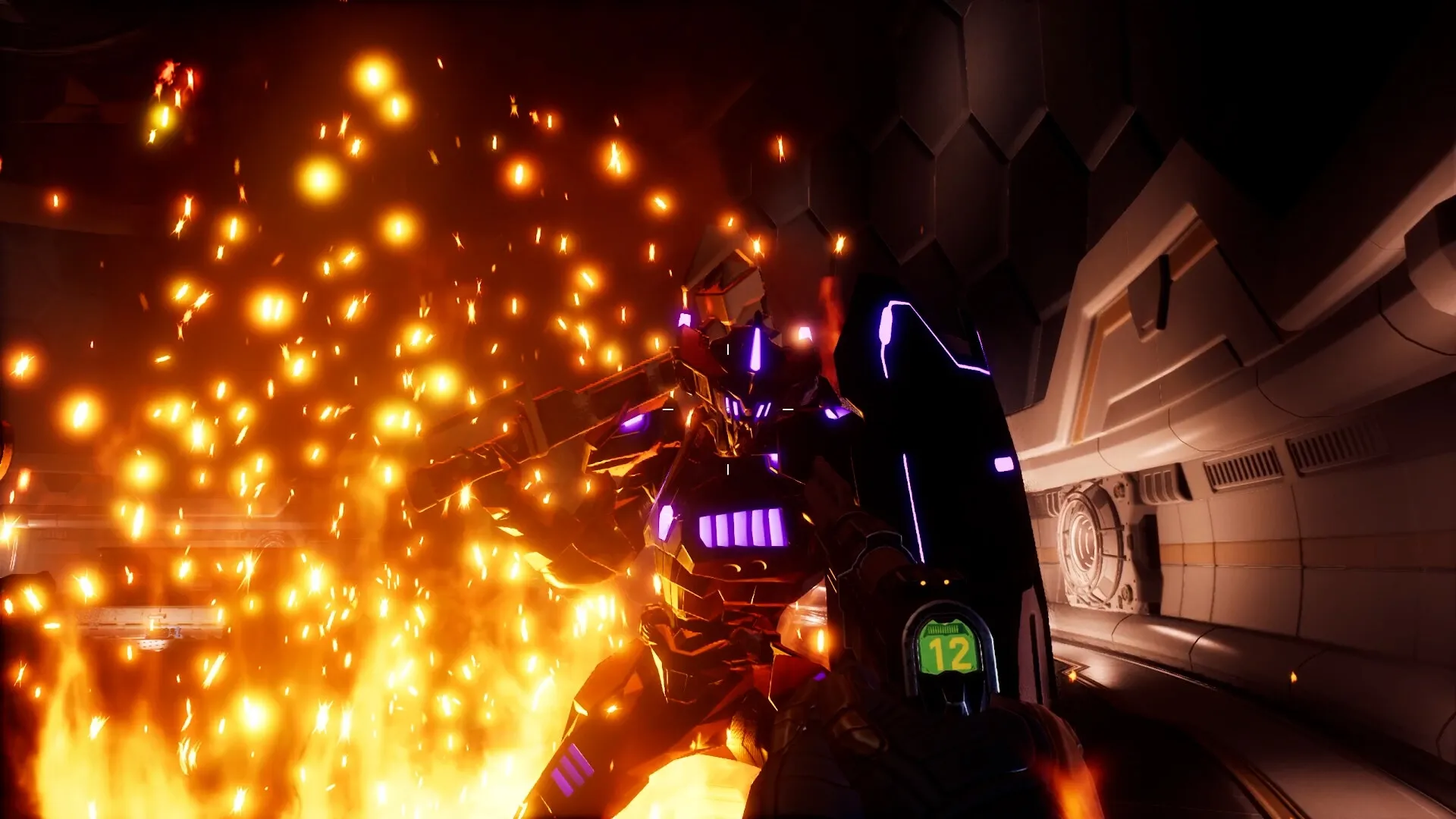 Deadzone: Player engages in intense combat with a glowing robotic enemy in a dark sci-fi corridor.