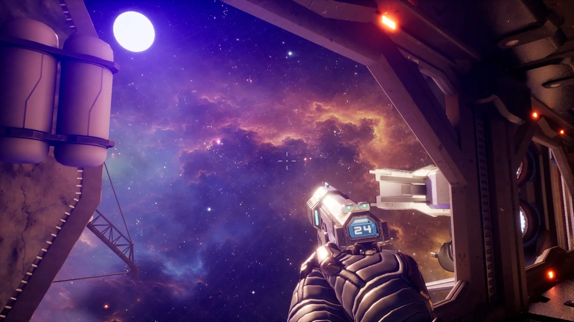 Deadzone: First-person view of player holding a gun, aiming at starry space from a spaceship interior