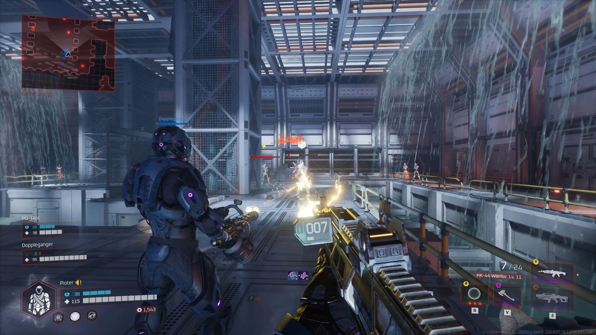 Deadzone Rogue 2: Co-op firefight with rifle HUD and minimap on a metal catwalk inside a factory hall.