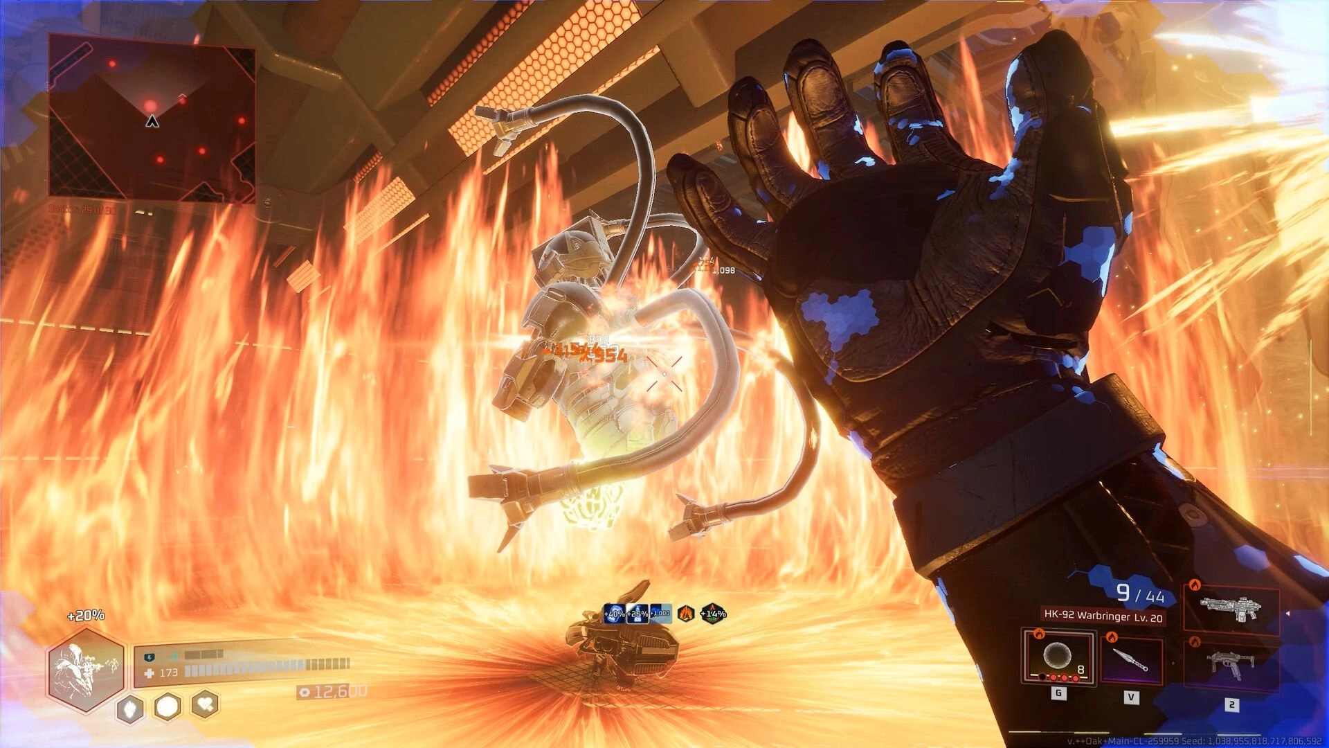 Deadzone Rogue 2: First-person blast hits a robot amid a fiery shockwave inside a sci-fi arena HUD.
