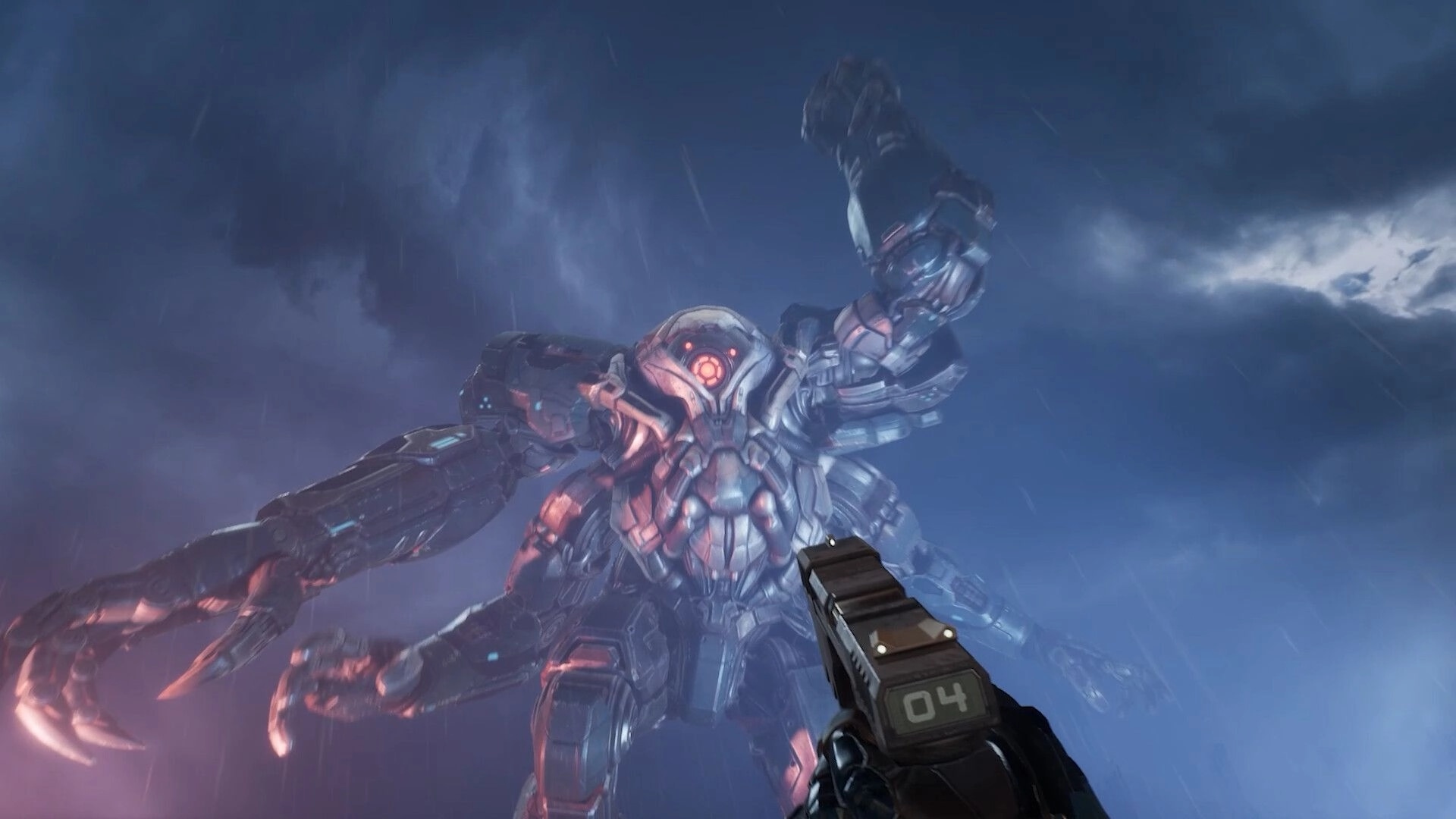 Deadzone Rogue 2: First-person aiming at towering mech boss in a rainy storm-lit sky arena.