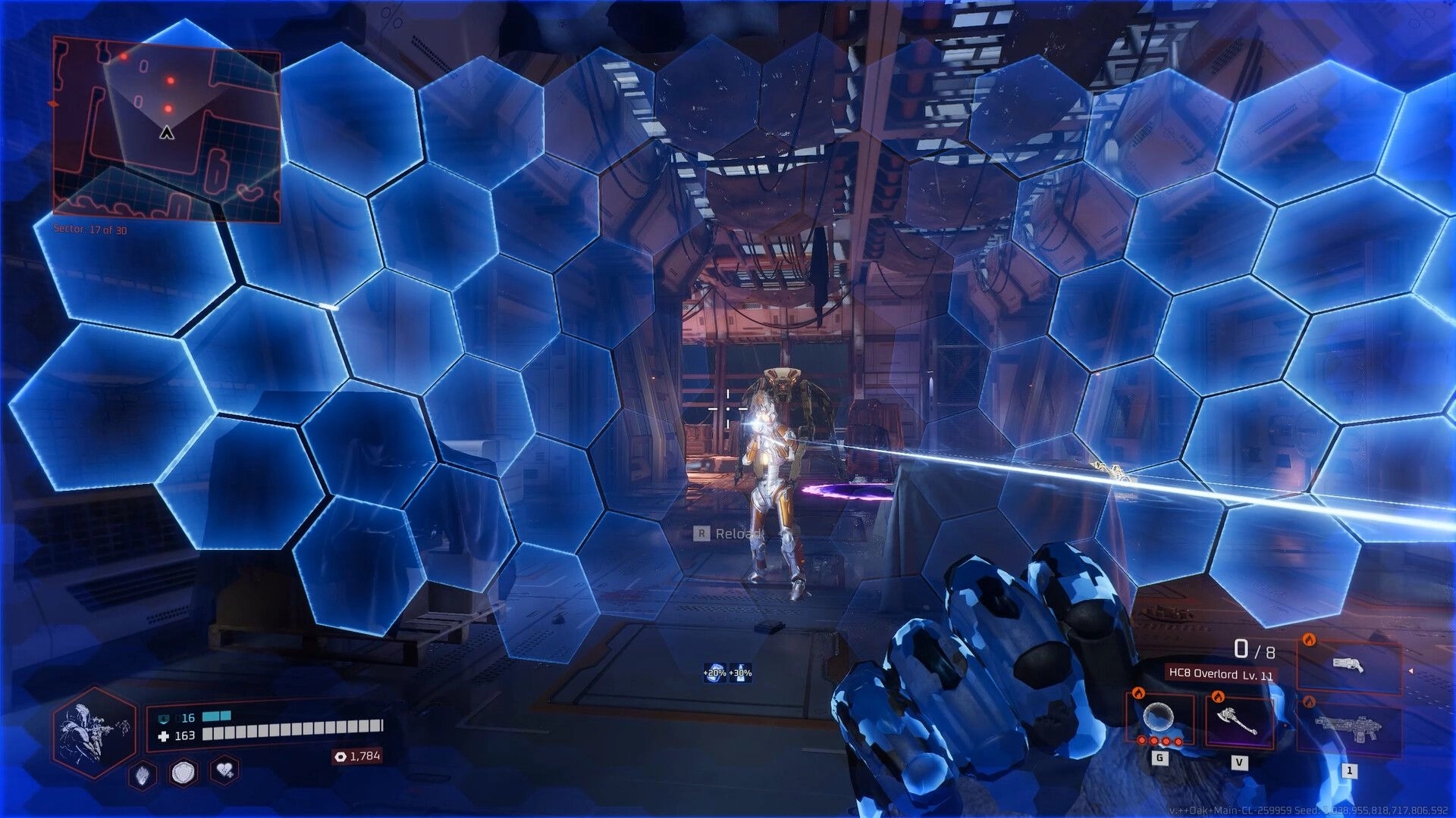 Deadzone Rogue 2: First-person firefight behind a blue hex shield in an industrial corridor with HUD ammo and map.