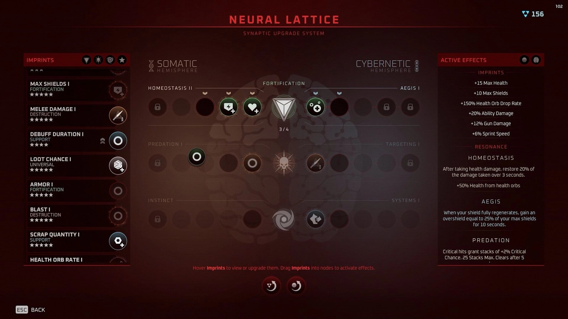 Deadzone Rogue 2: Neural Lattice upgrade menu with imprint list and node grid on a brain backdrop.