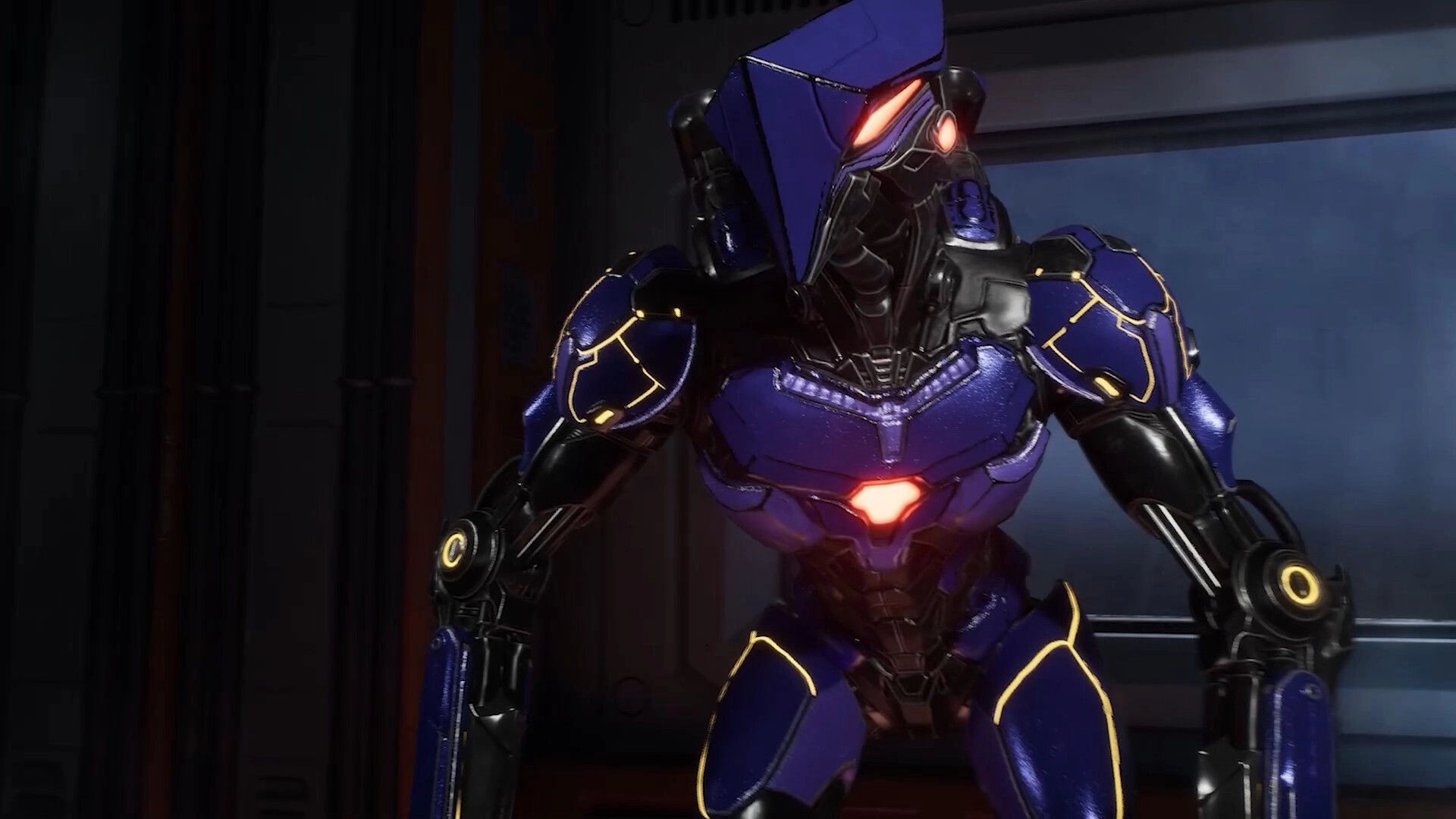 Deadzone Rogue 2: Close-up of a purple armored robot with glowing visor in a dim sci-fi corridor.