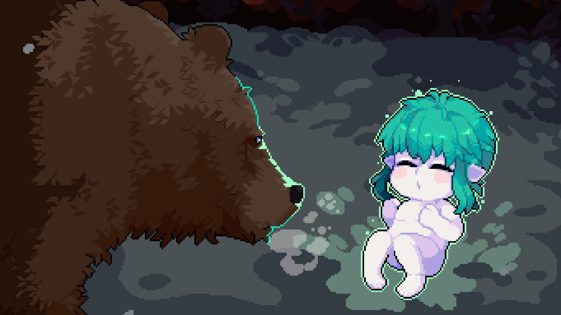 DearMyFriend: Girl with teal hair faces a large brown bear in a pixelated forest environment