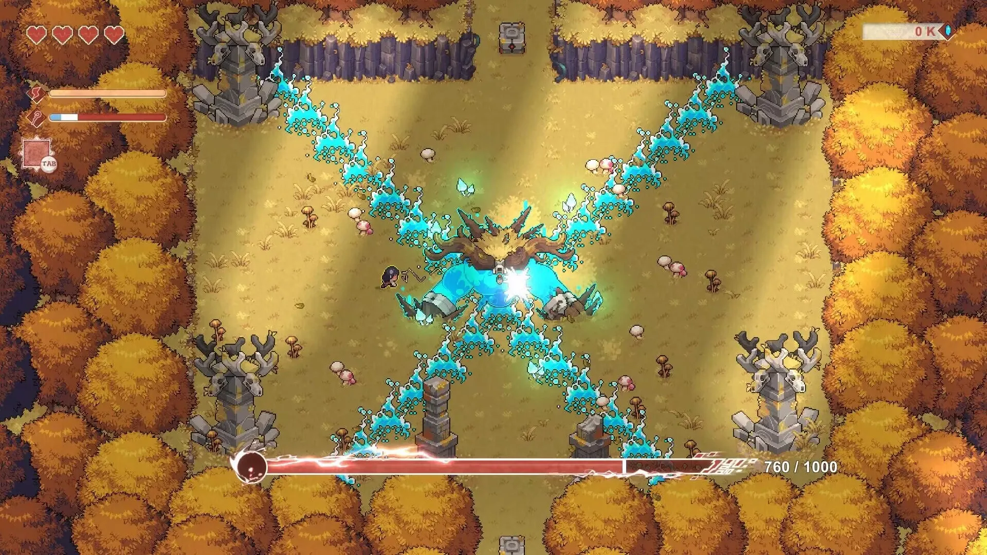 DearMyFriend: Player battles large glowing beast in forest clearing with health bar and UI visible