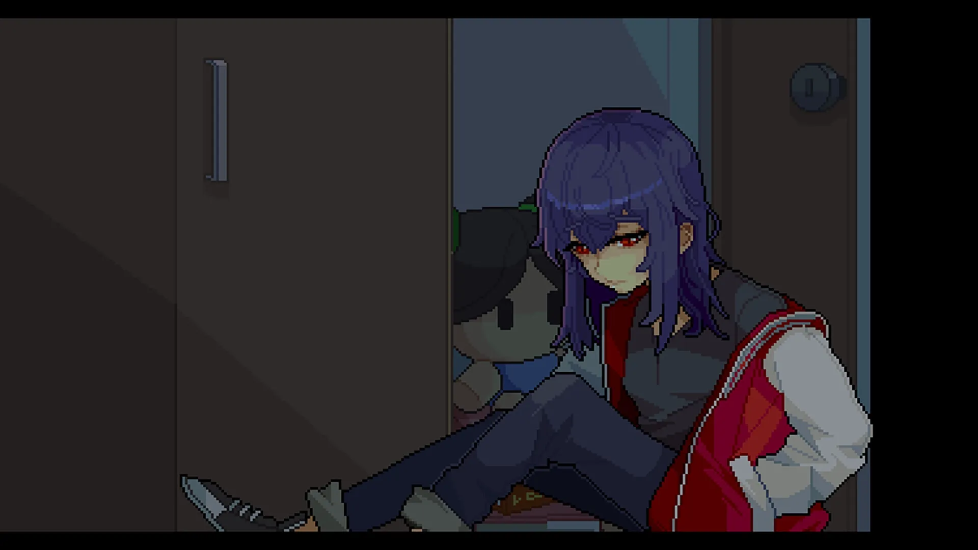 DearMyFriend: Girl with purple hair sits in a dim room beside a plush toy, looking contemplative
