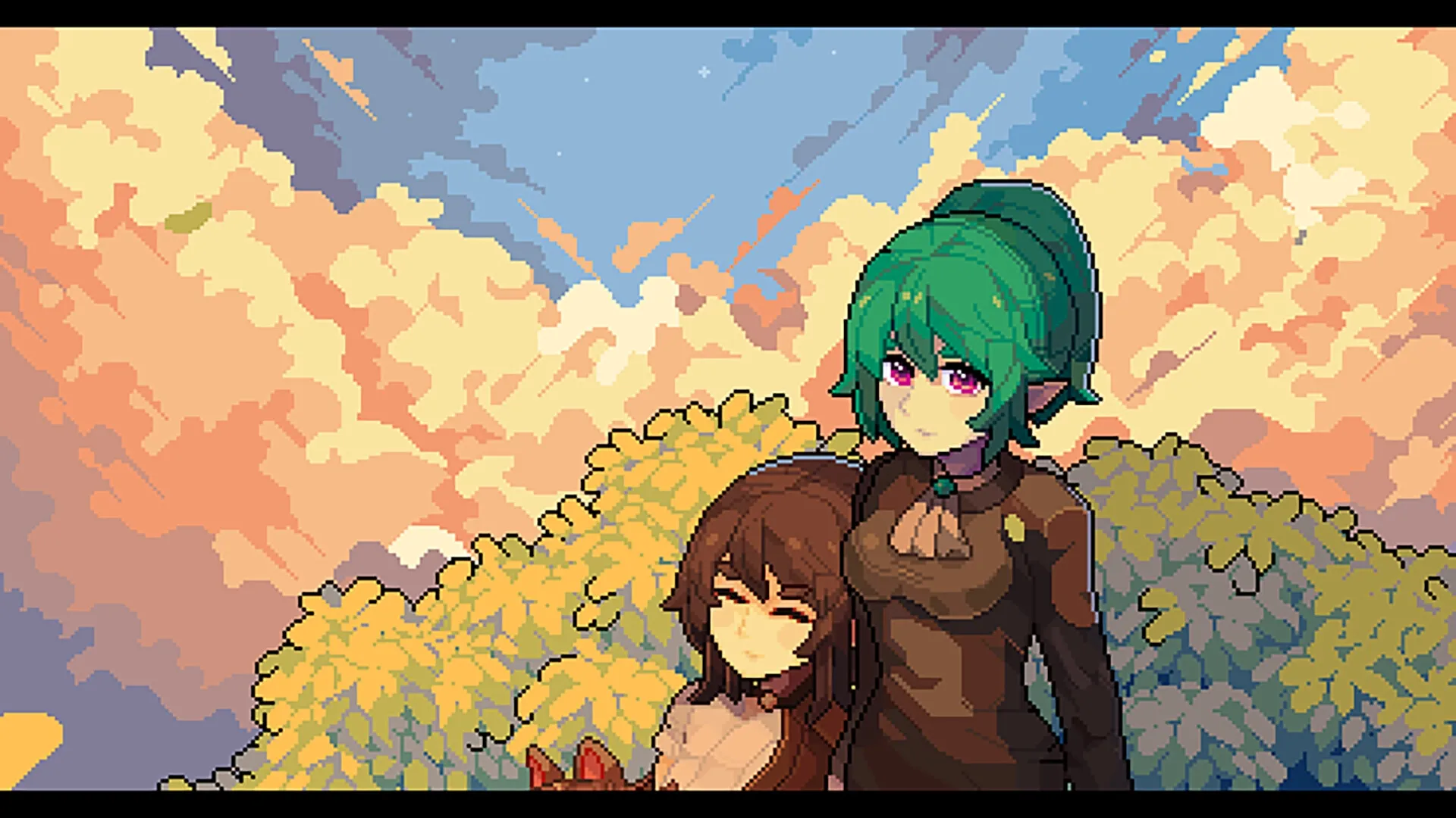 DearMyFriend: Two characters standing together under a colorful sky with leafy bushes in the background