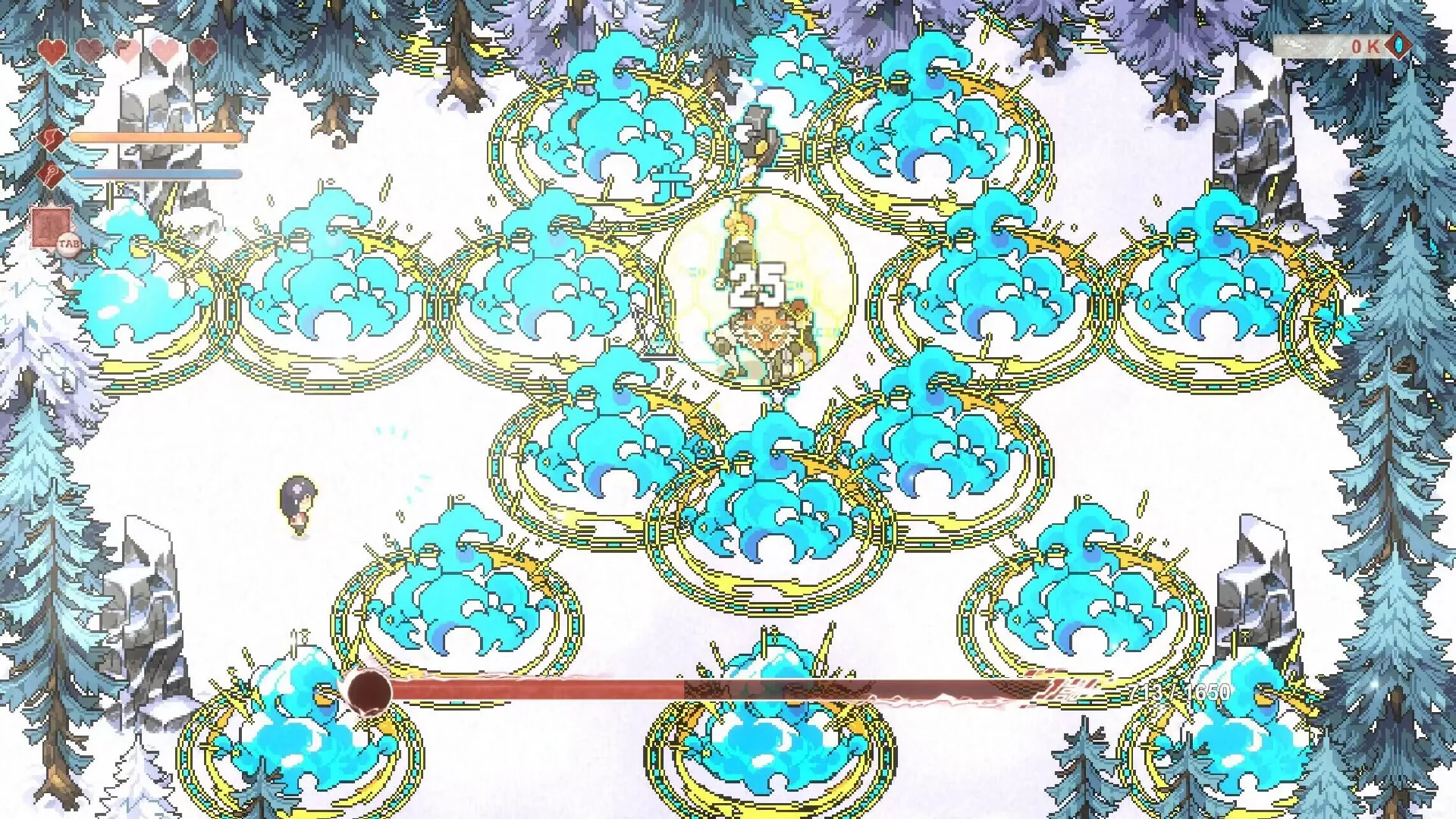DearMyFriend: Character navigating a snowy forest surrounded by glowing blue elemental circles