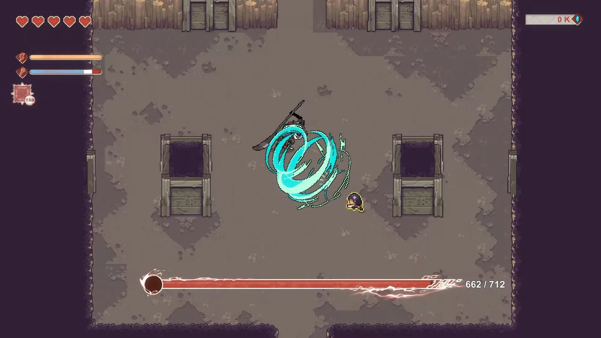 DearMyFriend: Top-down combat scene with magic attack in a walled arena, health and energy bars visible