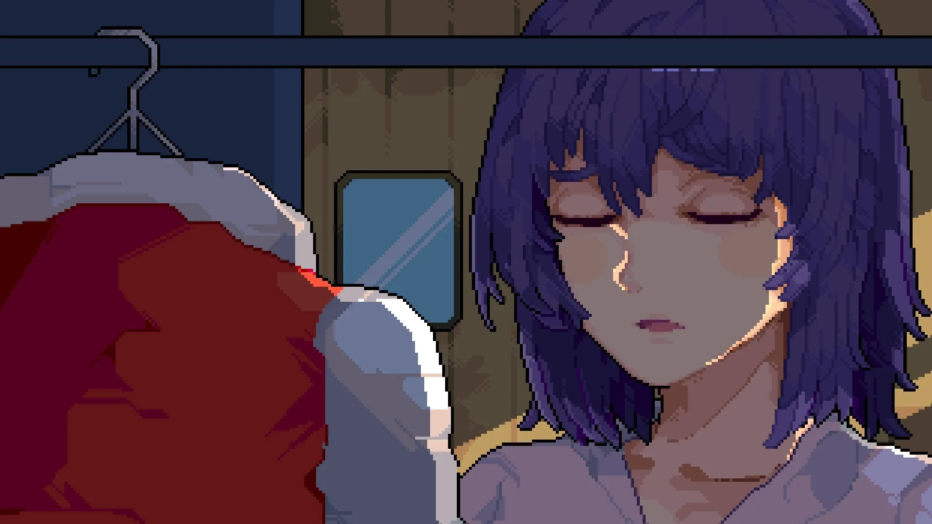 DearMyFriend: Girl with closed eyes stands beside red coat in dimly lit room with window in background