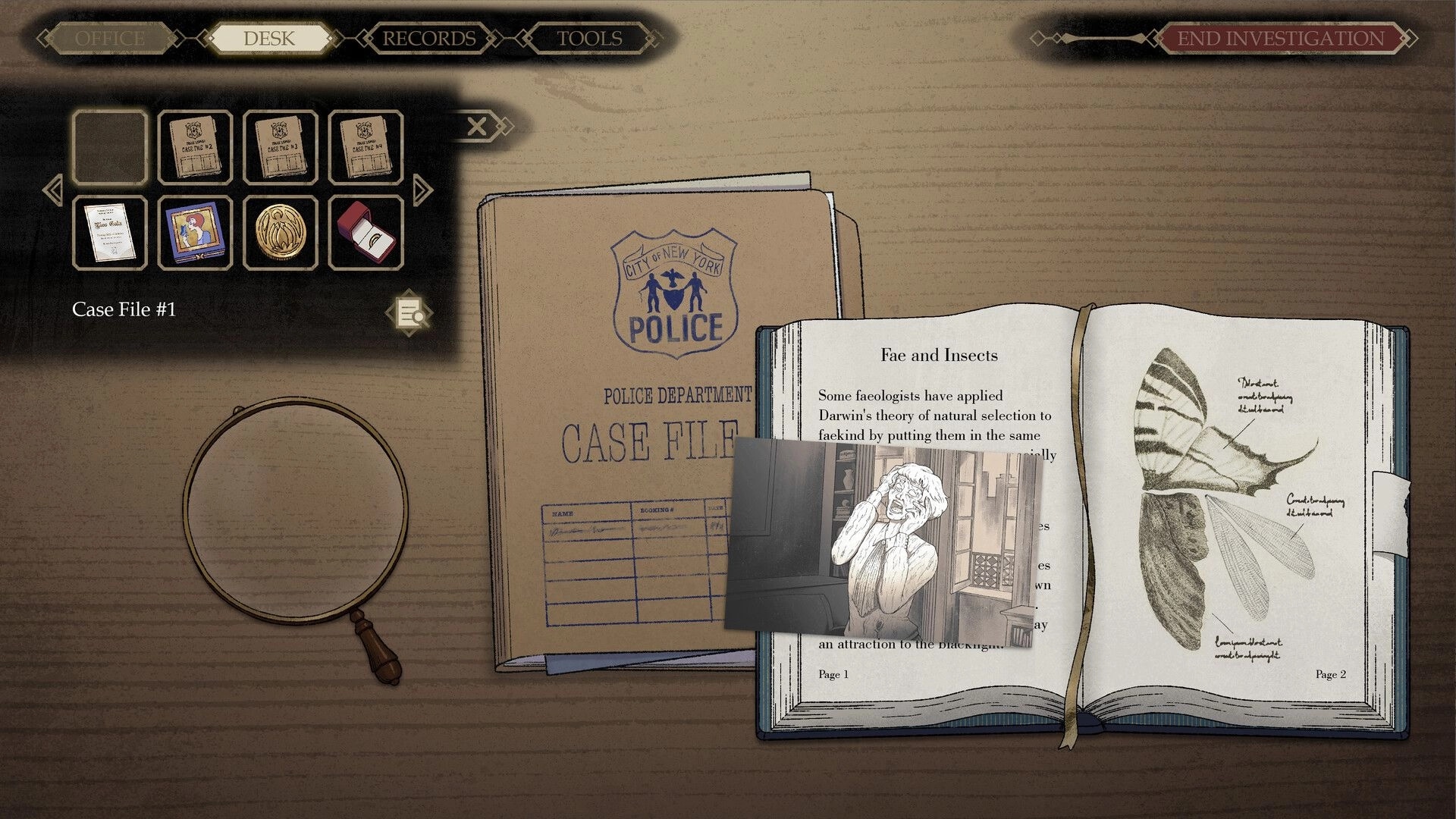 Death & Faeology: Desk interface with case files, tools, and an open book detailing Fae and insects.