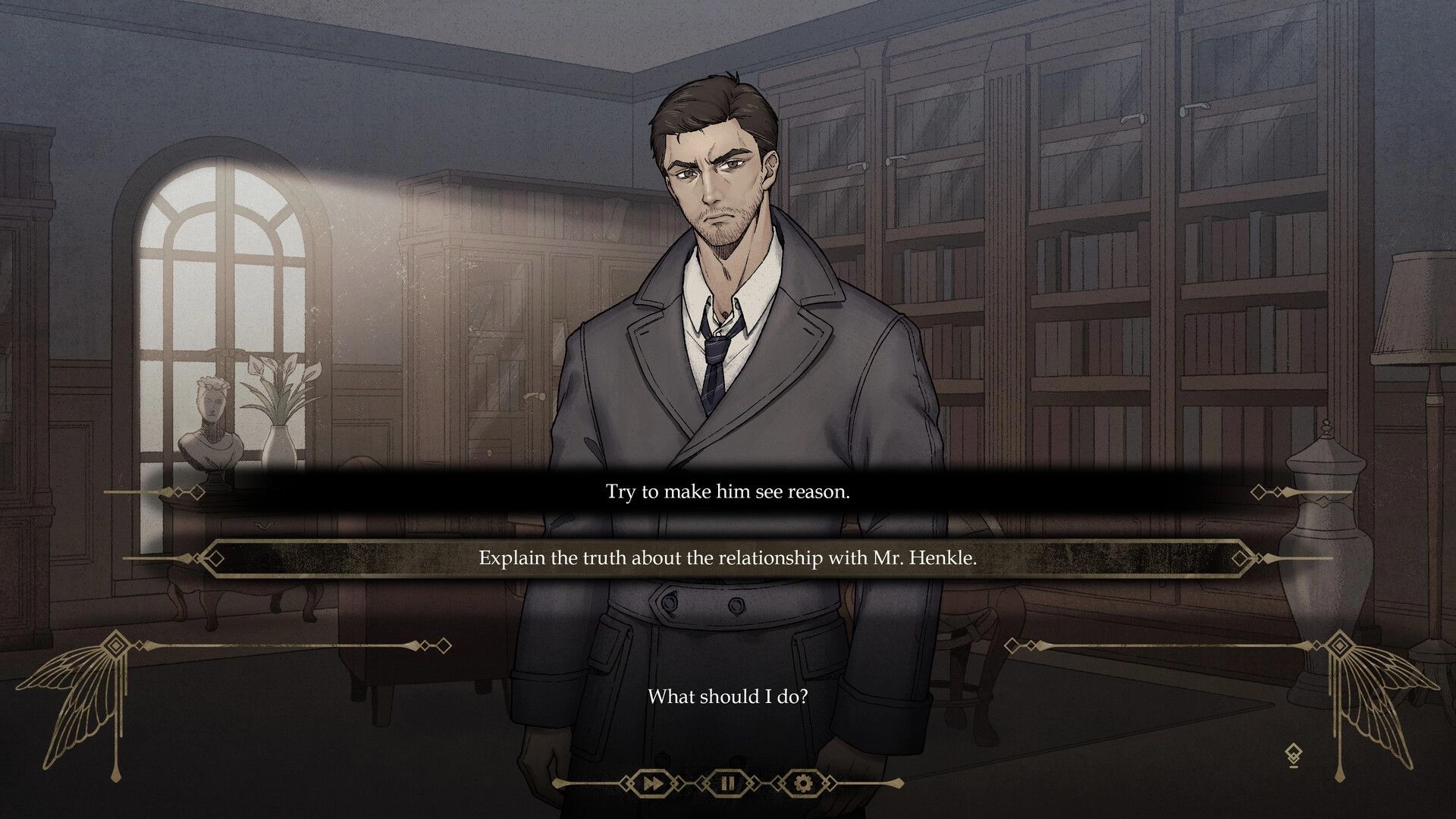 Death & Faeology: Dialogue choice with serious man in a dimly lit library filled with bookshelves
