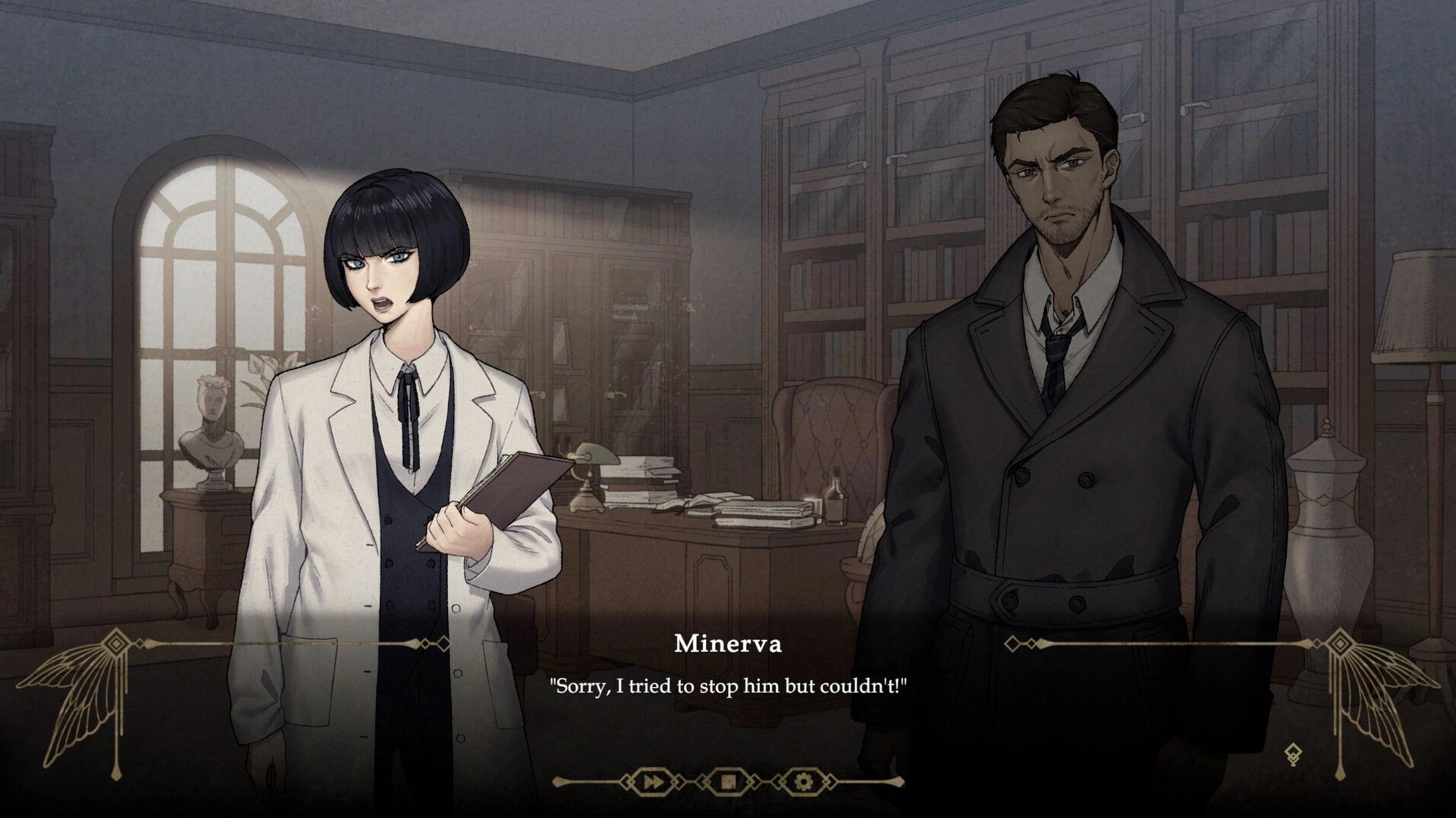 Death & Faeology: Minerva and man in trench coat discuss in a dimly lit library with vintage decor.