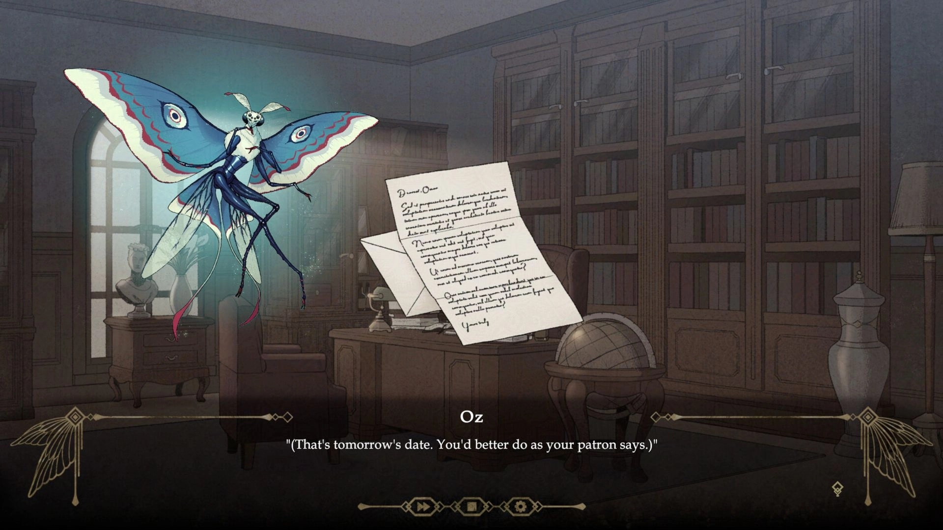 Death & Faeology: Oz converses with a giant moth in a dim library, note floating in mid-air.