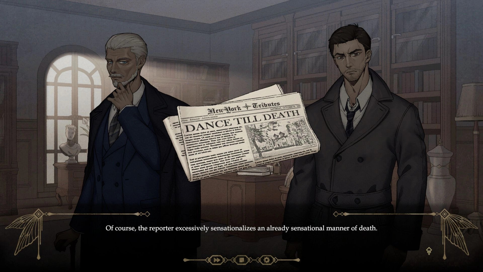 Death & Faeology: Two men in a library discussing a newspaper headline, "Dance Till Death"