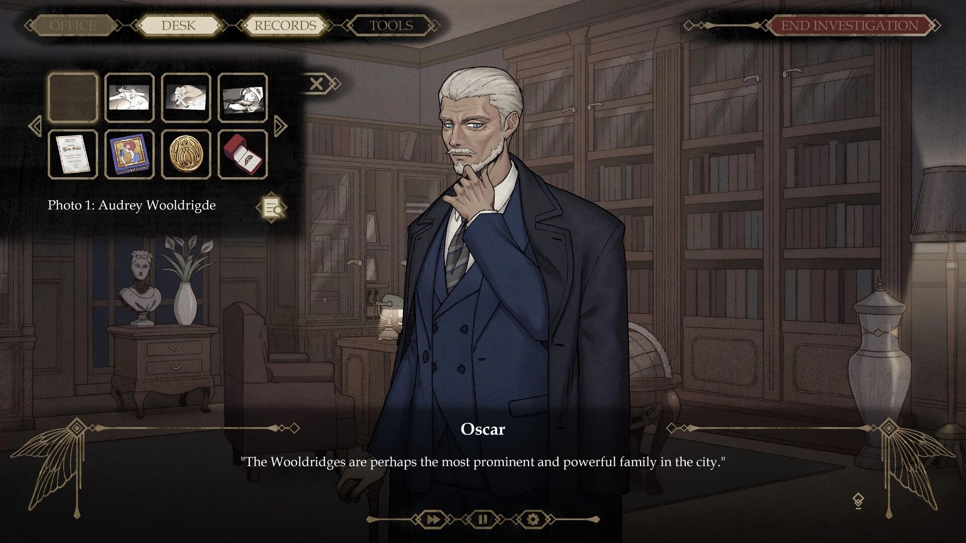 Death & Faeology: Oscar in library, examining clues on desk, discussing the Wooldridge family's influence.