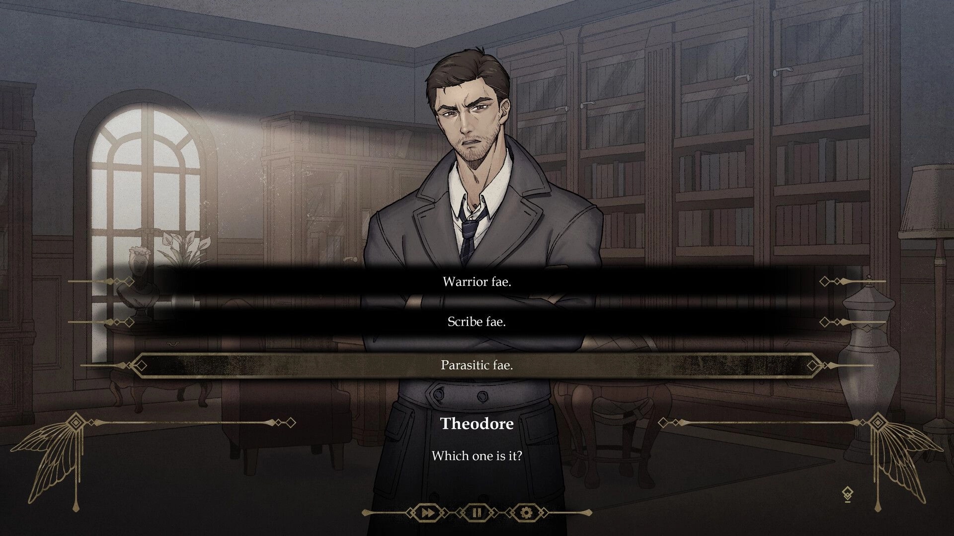 Death & Faeology: Theodore stands in a library, choosing between Warrior, Scribe, and Parasitic fae.