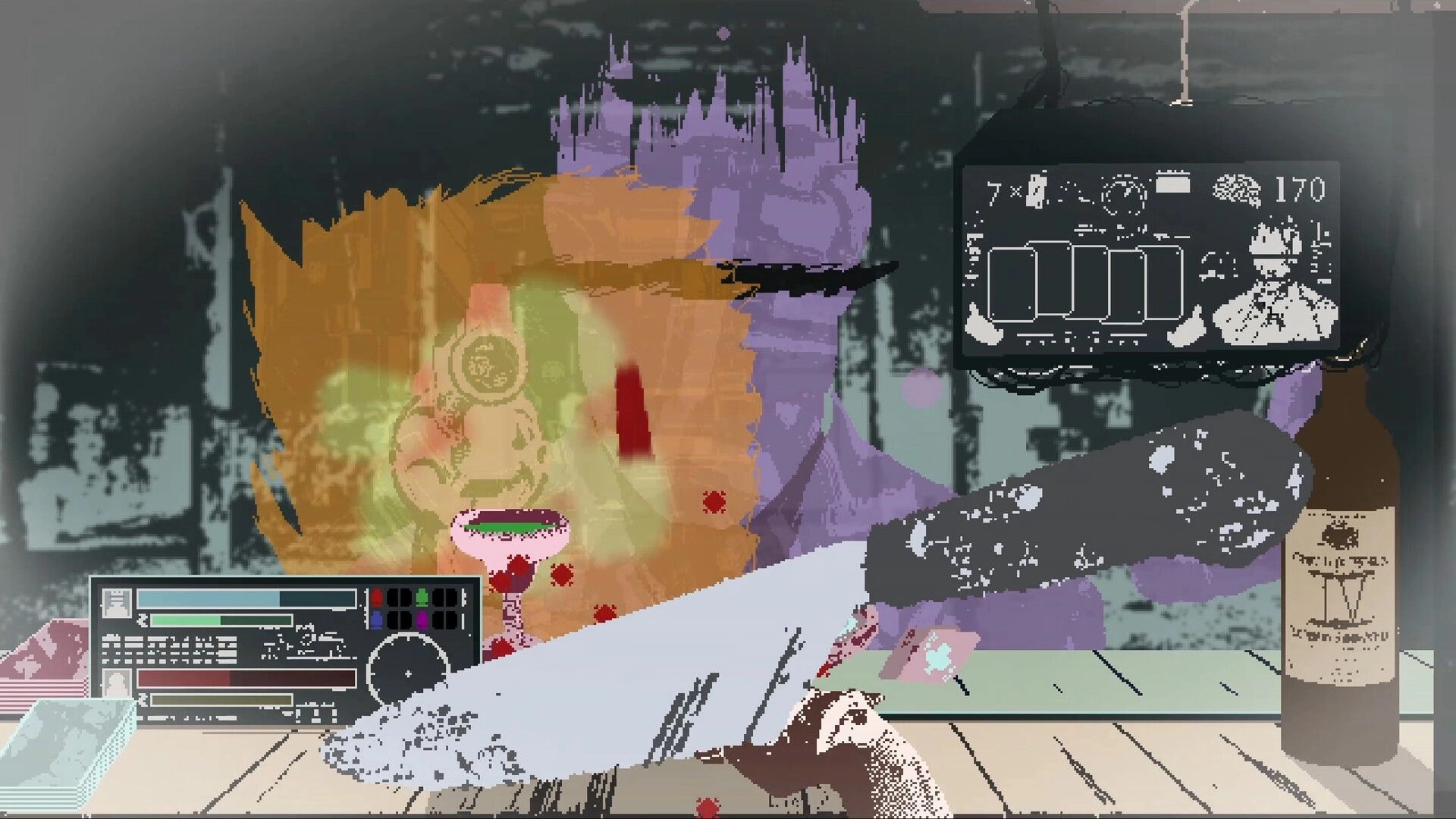 DEATH CASINO: Glitchy casino table duel with cards UI, blood splatter, and stat panels in dim room.