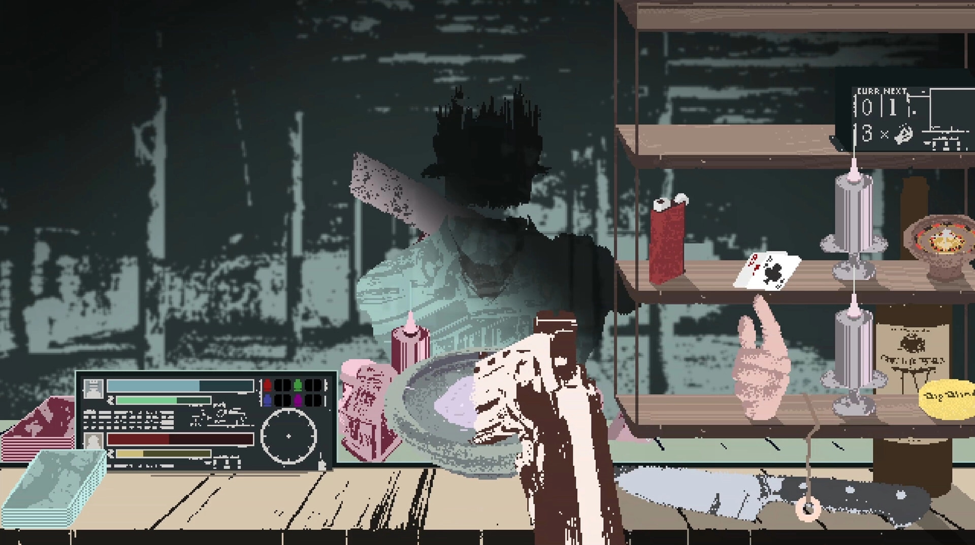 DEATH CASINO: Player hand holds a plate at bar counter, shadowy foe behind, UI and items on shelves.