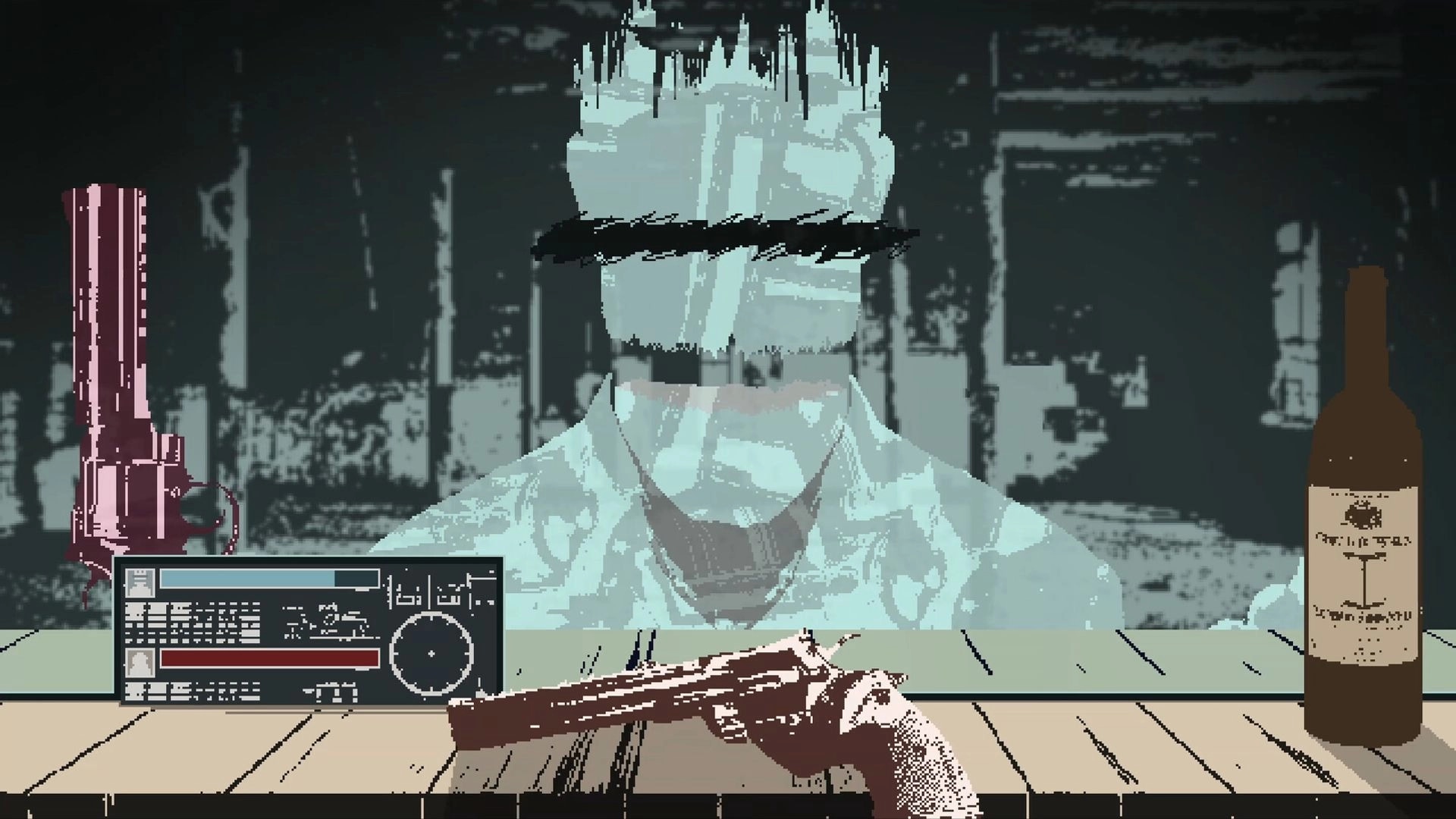 DEATH CASINO: First-person revolver on table facing a glass-headed dealer, HUD panel and bottle nearby.
