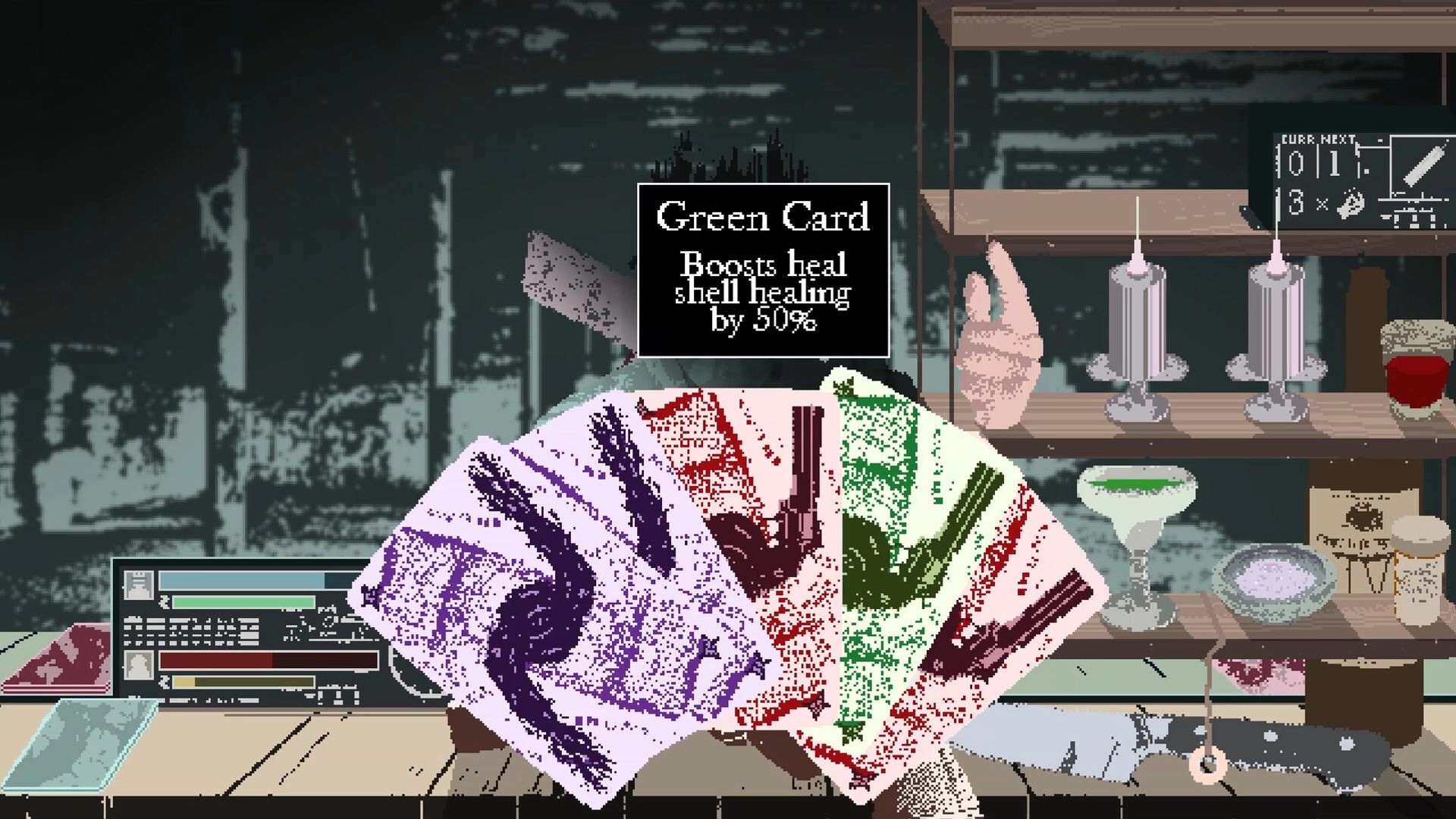 DEATH CASINO: Hovering Green Card tooltip over fanned cards on table, syringes and HUD meters visible.
