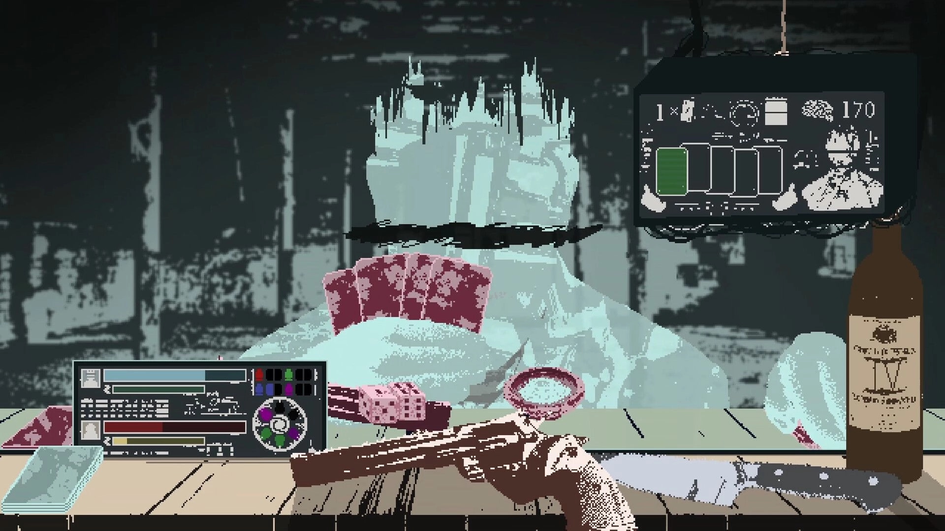 DEATH CASINO: Revolver aimed over poker table at icy foe, HUD bars and card slots in grim casino room.
