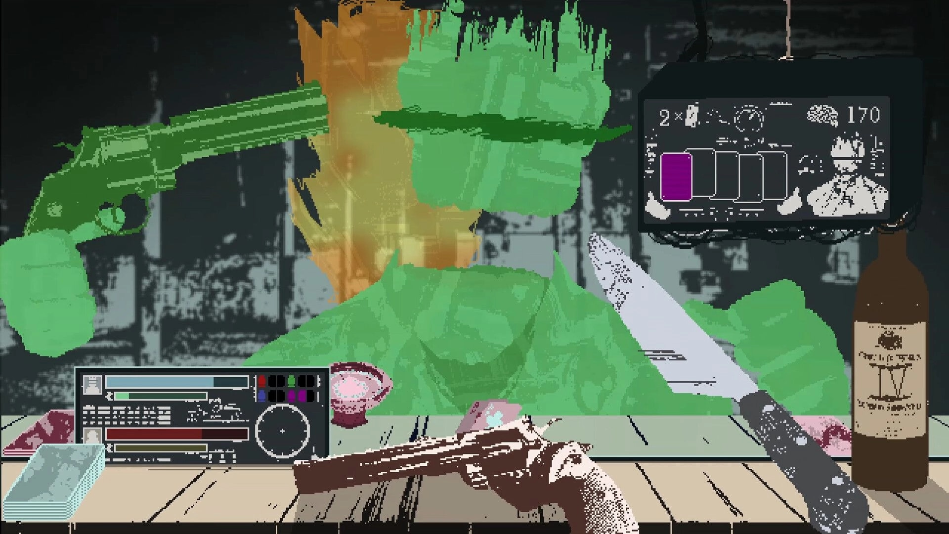 DEATH CASINO: First-person table duel with green revolver and knife, HUD bars and opponent panel in dark room.