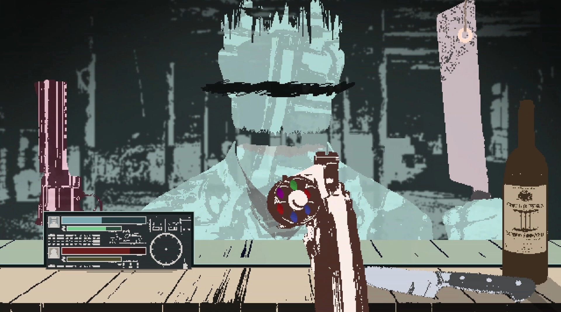DEATH CASINO: Revolver aimed at a glassy dealer across table, UI bars and bottle in dim bar scene.