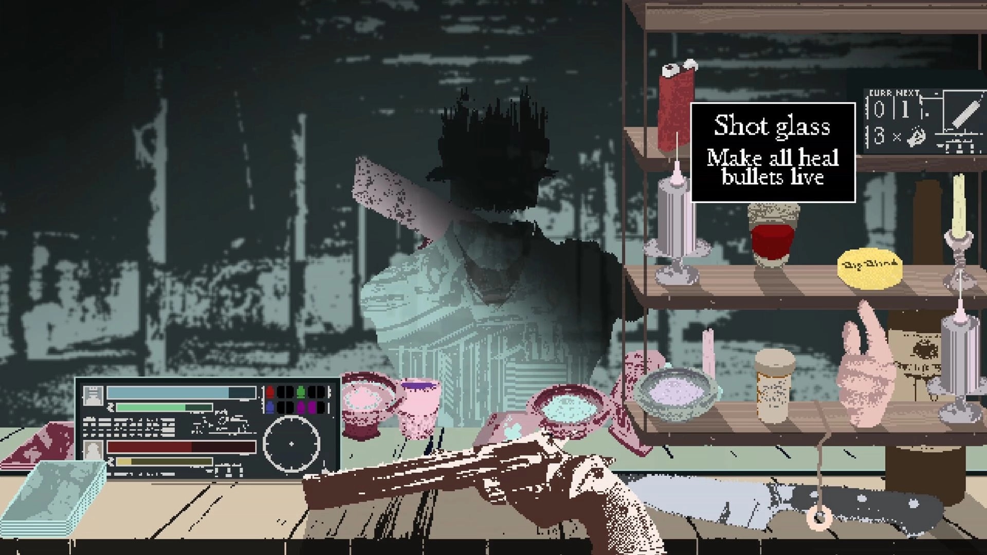 DEATH CASINO: Hovering shot glass item tooltip at bar table with candles, gun, and status HUD visible.