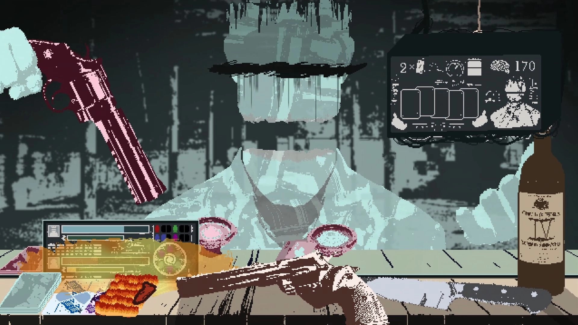 DEATH CASINO: Revolver duel at a table with a glass-headed dealer, HUD cards and wine bottle nearby.