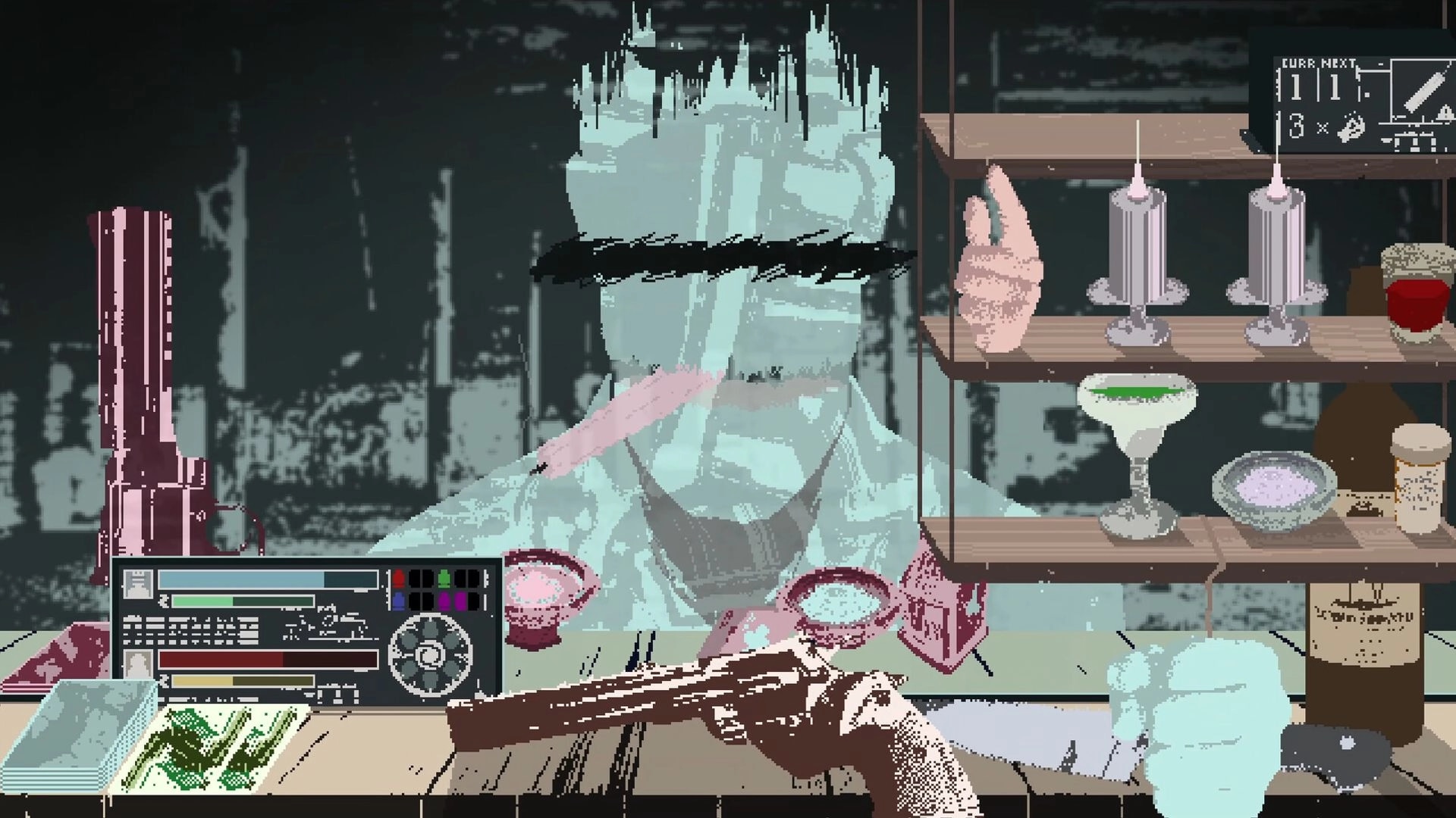 DEATH CASINO: Player aims shotgun at glass-headed dealer across bar, inventory and ammo UI visible.