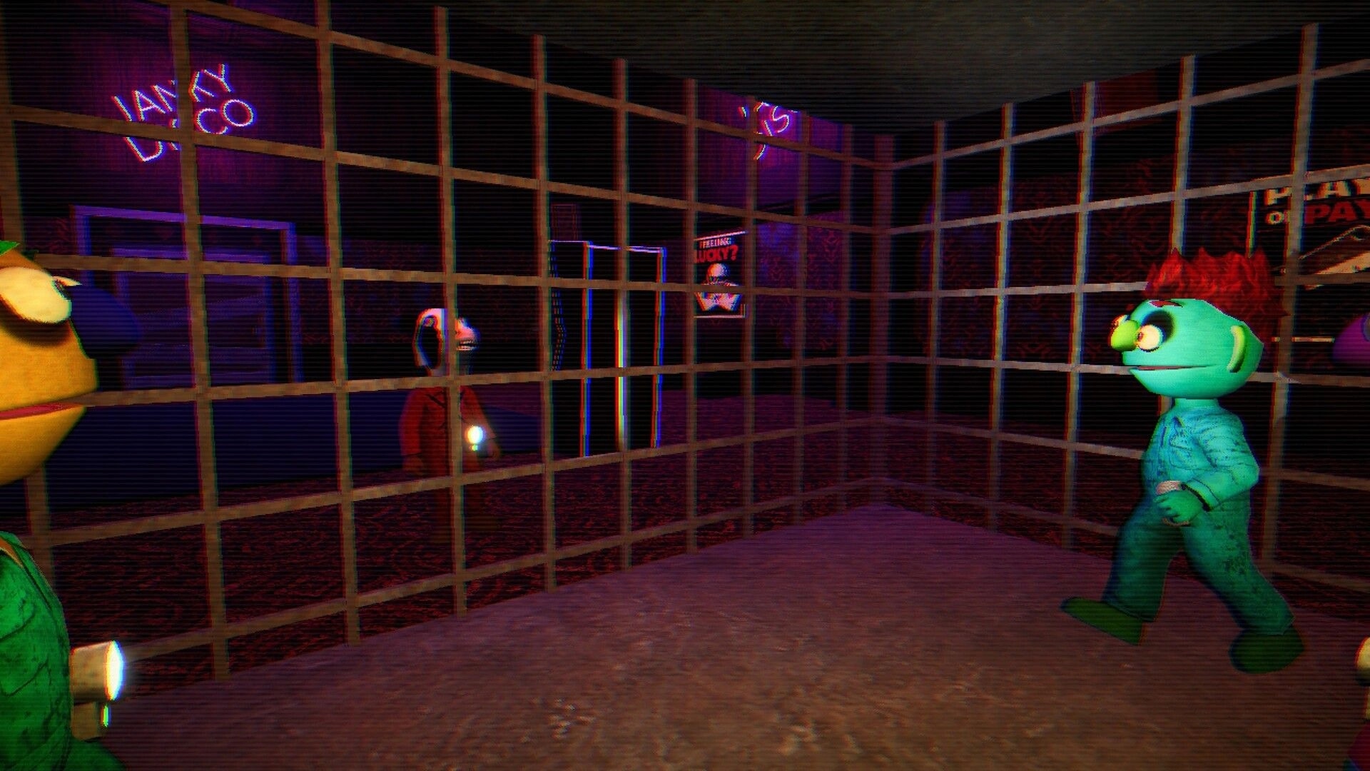 Death Dealer: Cartoon players with flashlights stare through cage bars in a neon-lit arcade hallway.