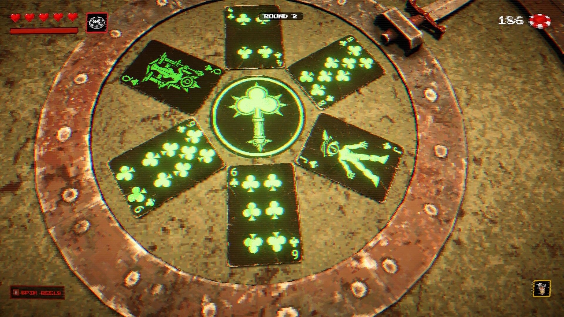 Death Dealer: Club-suit card wheel minigame with Round 2 UI on a worn tabletop beside a handgun.