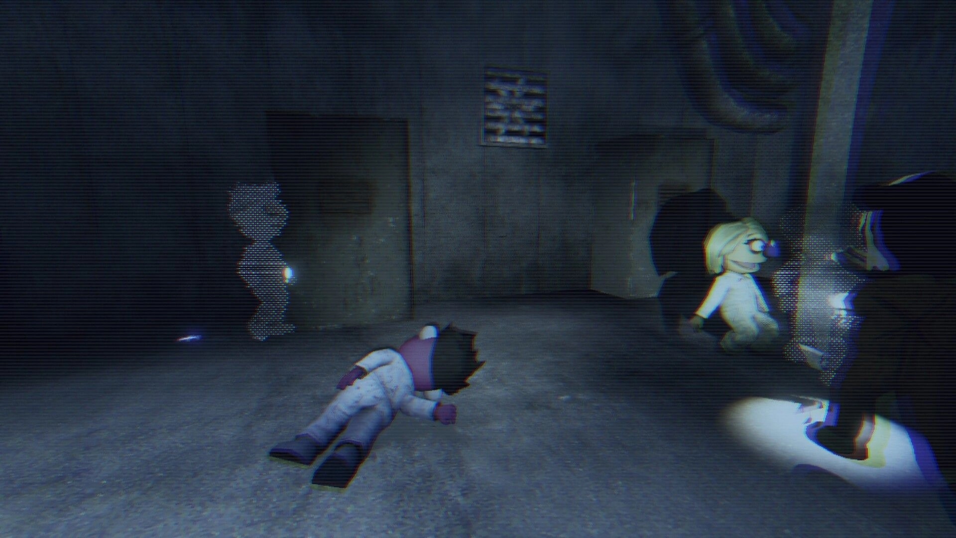 Death Dealer: Player lies knocked out as others shine flashlights in a dim concrete room corridor.