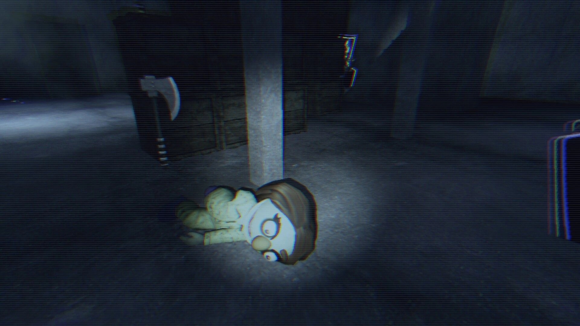 Death Dealer: Player lies dead by a pillar as an axe icon appears in a dark, grainy basement corridor.