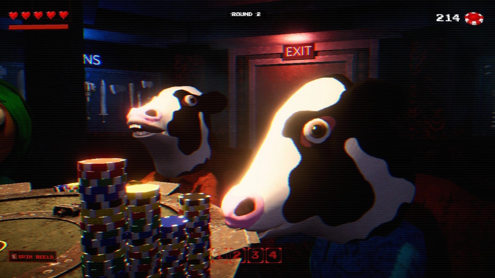 Death Dealer: Cow-masked players at a poker table with chip stacks, Round 2 HUD and EXIT sign behind.