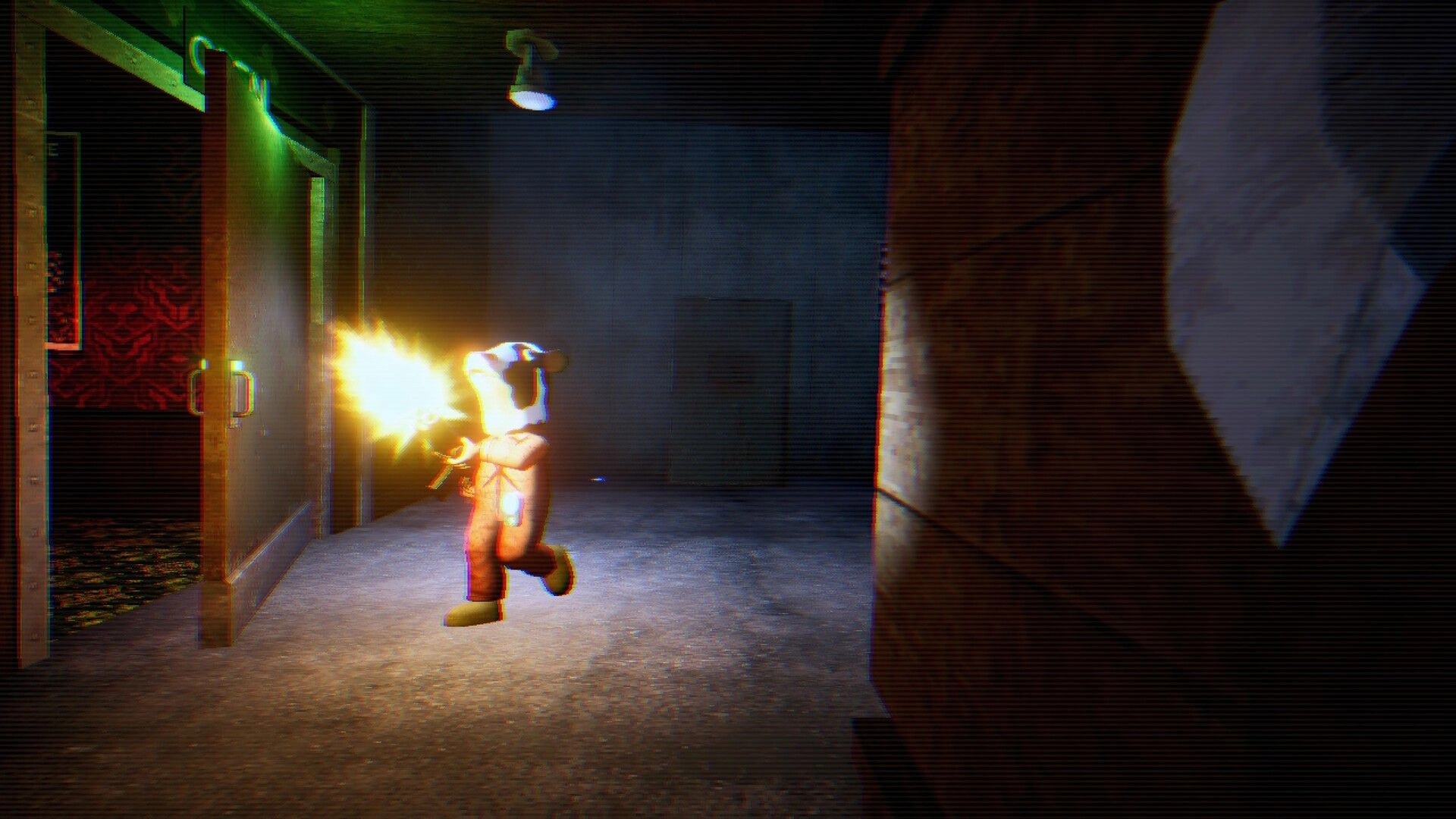 Death Dealer: Player in animal mask fires a gun in a dim hallway near an open door and lamp.