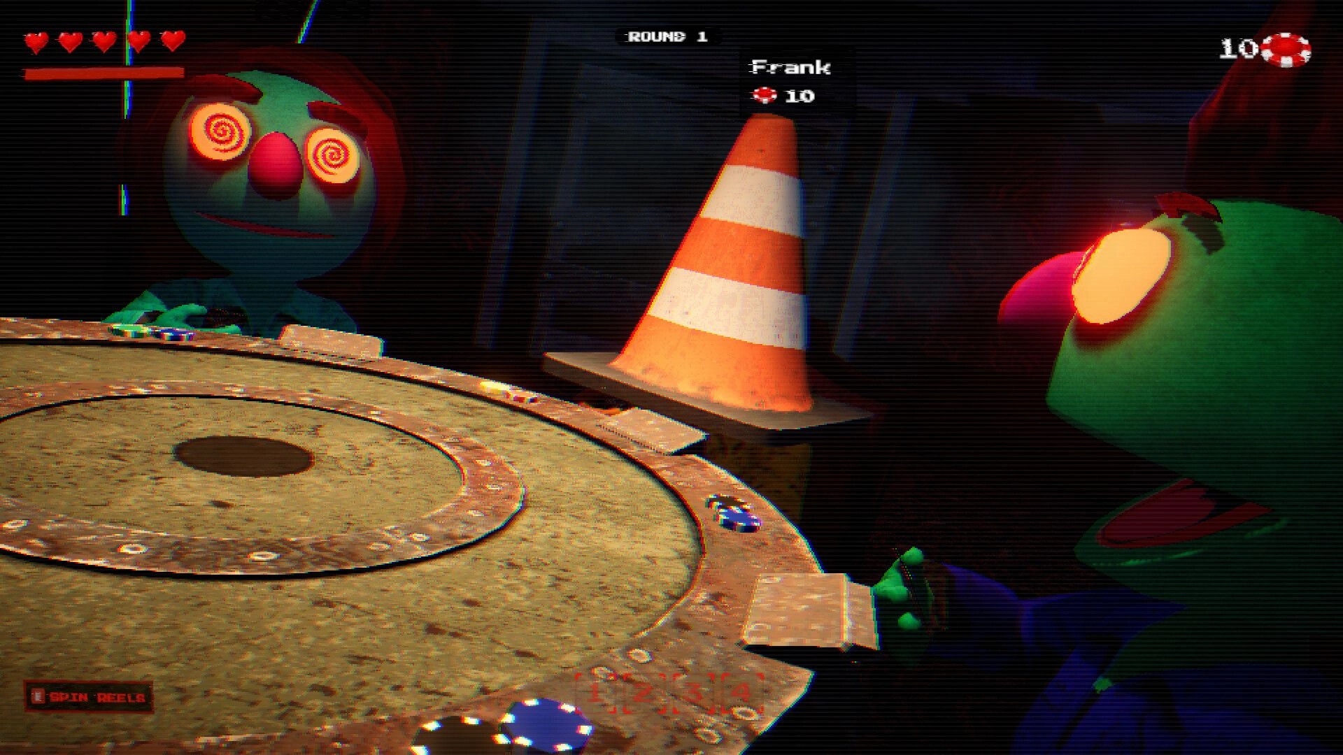Death Dealer: Round 1 table game with clown faces, chips and spin reels prompt in dark room.