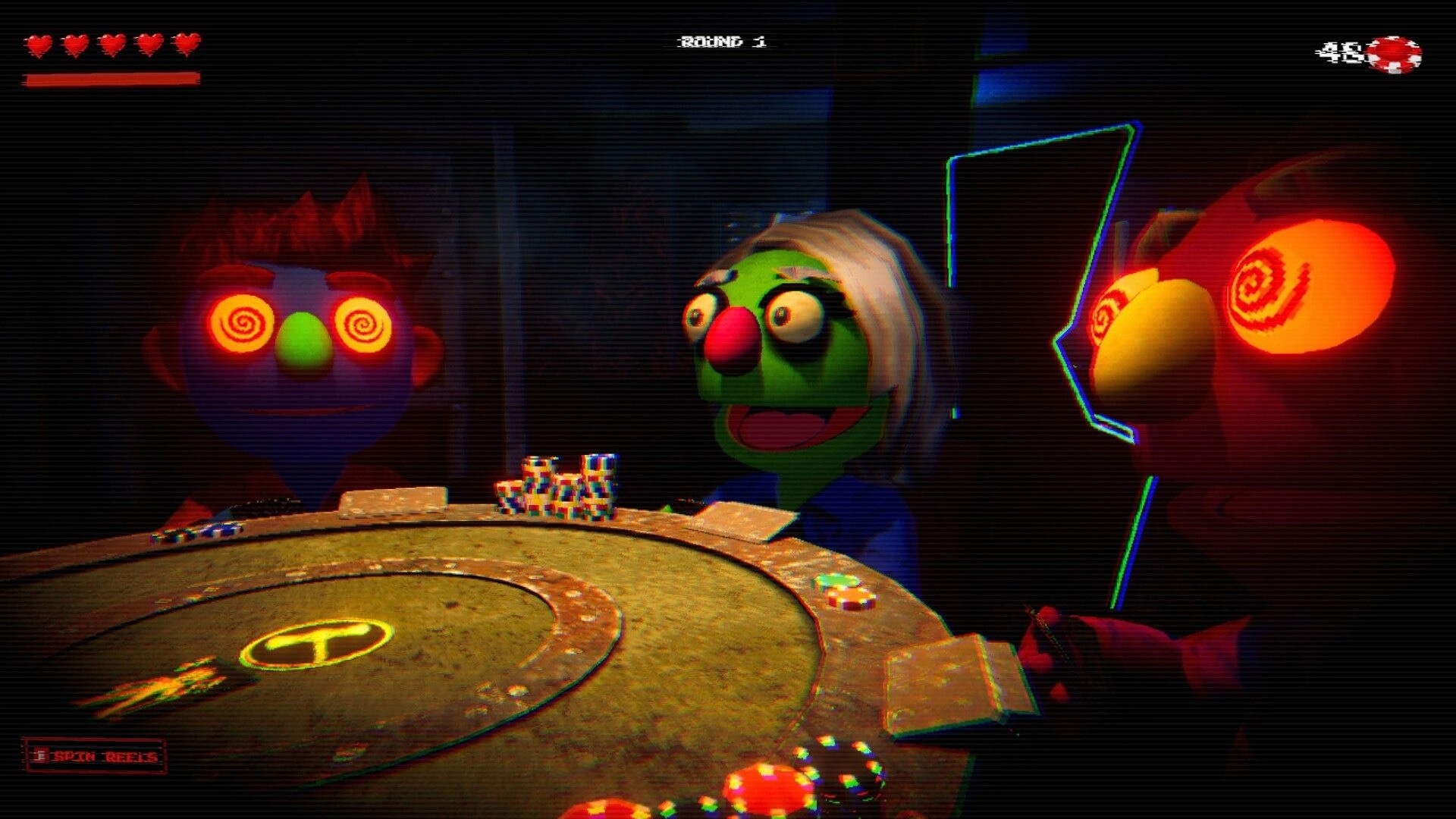 Death Dealer: Three puppet-faced players with hypnotic eyes at a poker table, Round 1 UI visible.