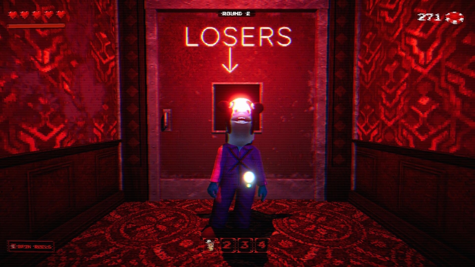 Death Dealer: Player with flashlight stands at door labeled LOSERS in red hallway, hearts UI visible.