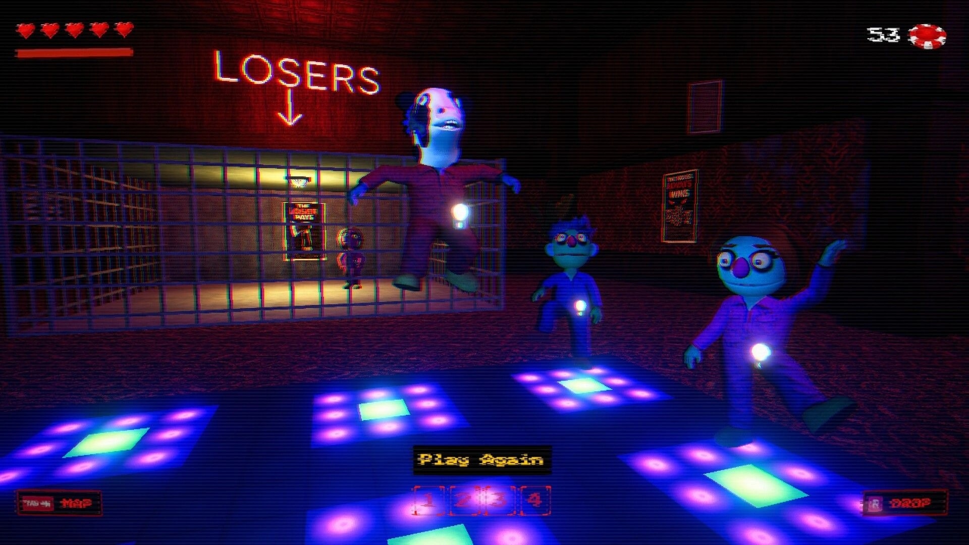 Death Dealer: Losers screen with three flashlight players by barred gate in neon-lit room UI hearts.