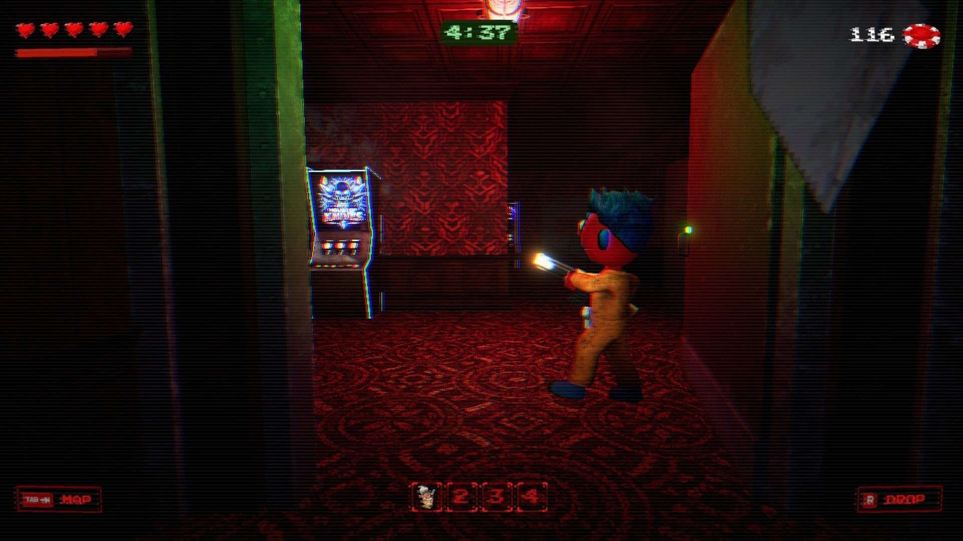Death Dealer: Player character aims flashlight down red carpet hallway past slot machine, HUD hearts and timer visible.
