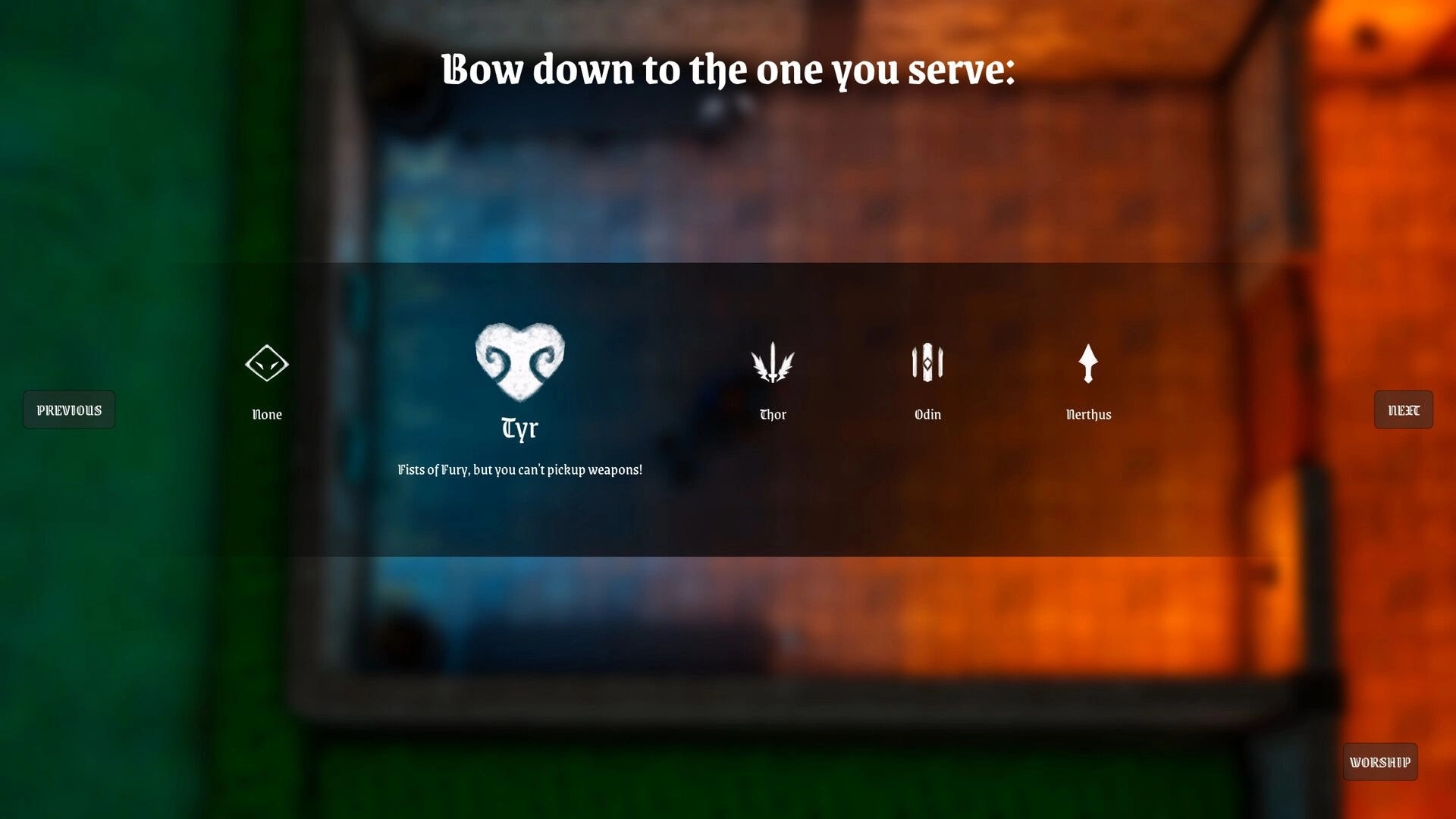 Death Denied: Worship selection menu highlighting Tyr blessing, with Previous/Next buttons over blurred hall.