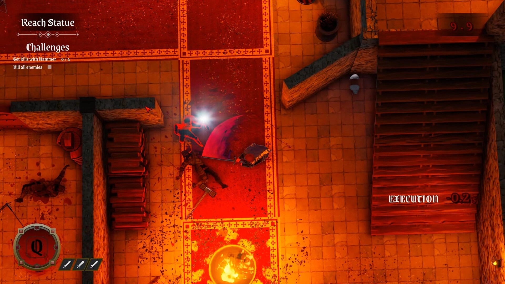 Death Denied: Armored fighter executes enemy on bloodied tiles inside a torchlit stone corridor UI challenges shown.