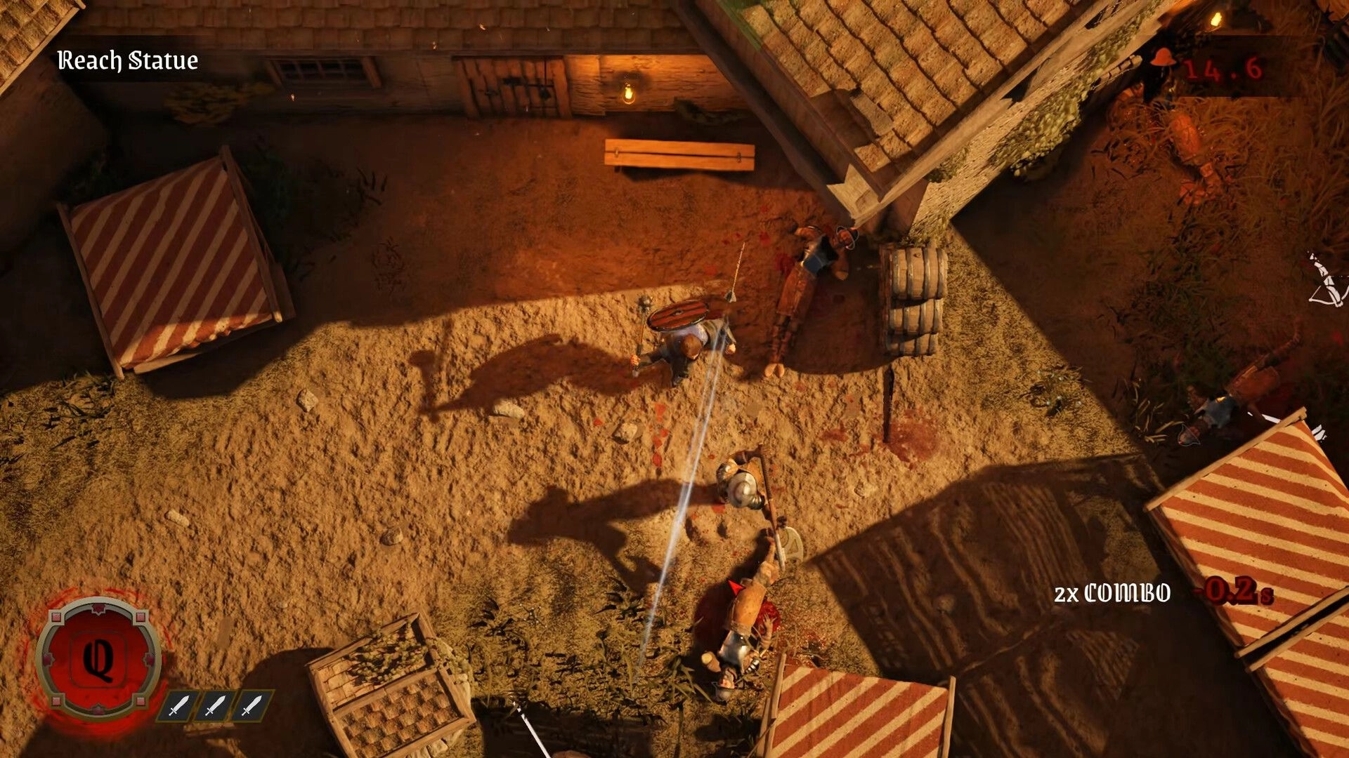 Death Denied: Top-down sword fight with 2x combo UI in a dusty market alley beside stone buildings.