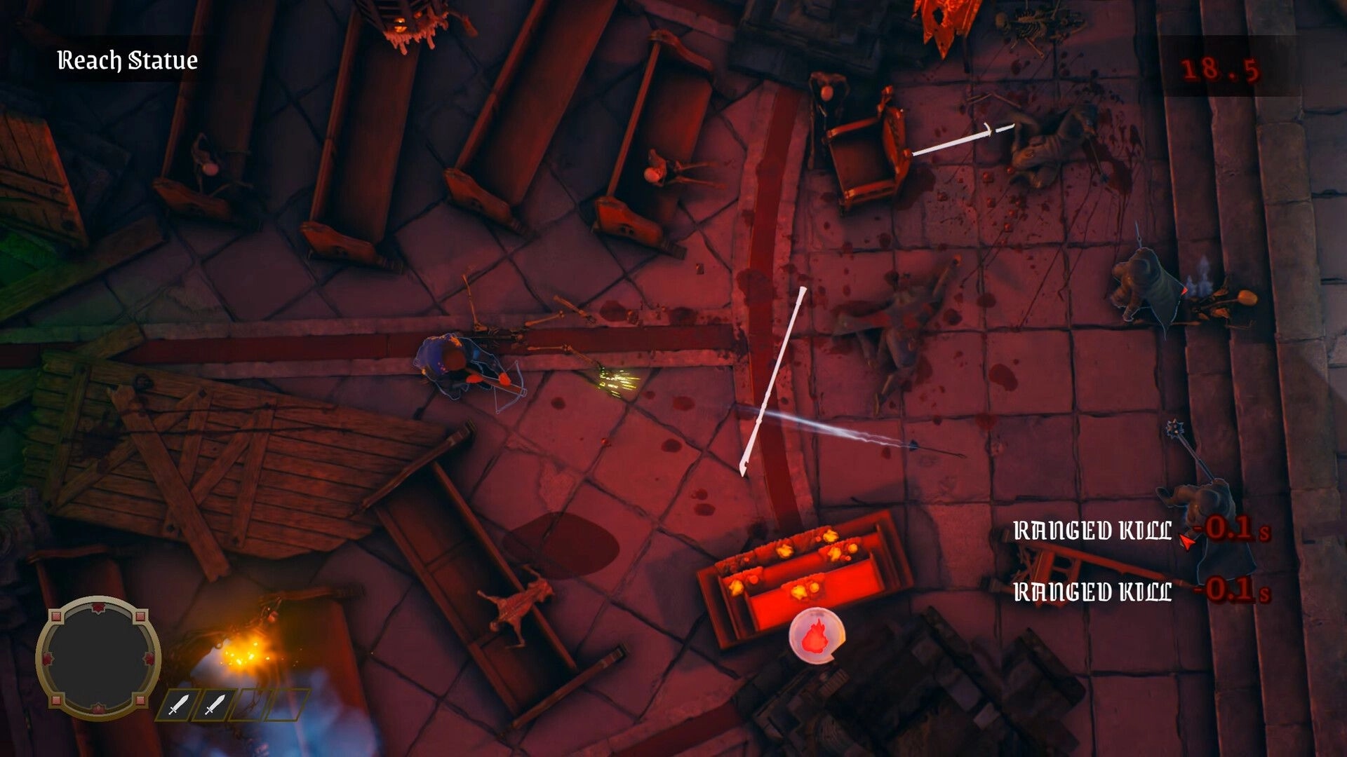 Death Denied: Top-down fight with aiming arrows and ranged kill popups in a bloodstained stone hall.