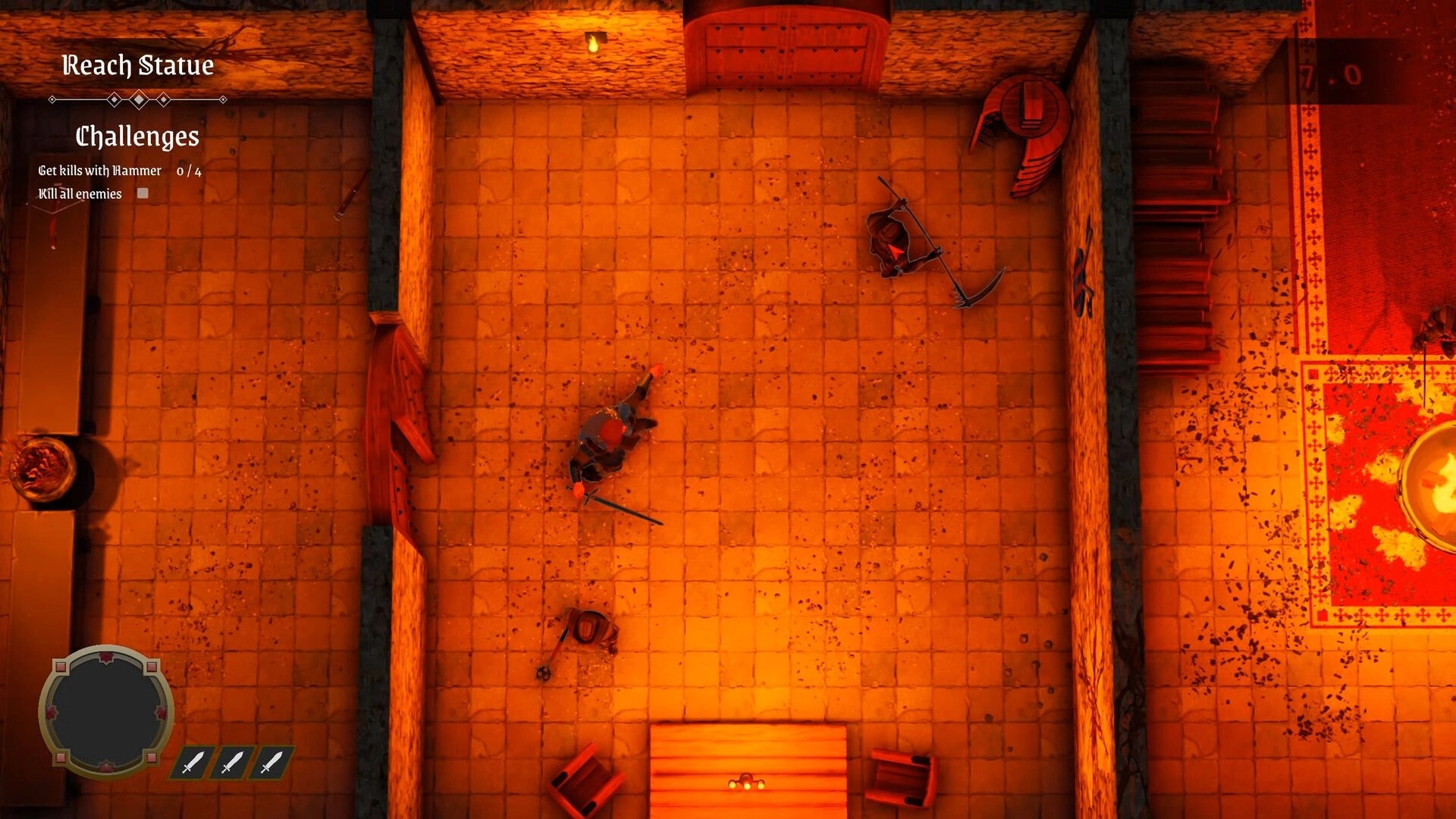 Death Denied: Top-down melee fight with sword and scythe in a torchlit stone hallway, challenges UI up.